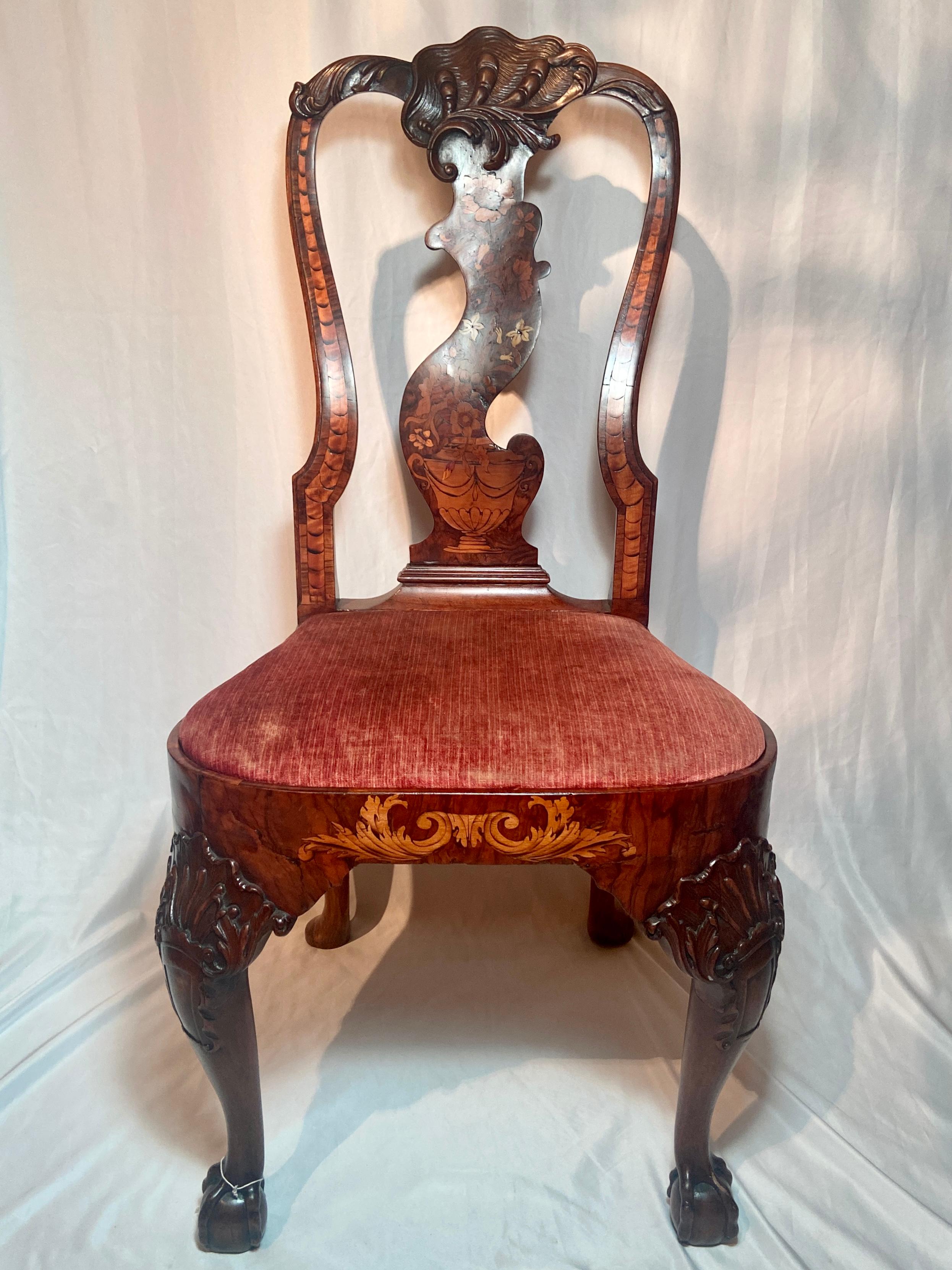 Pair Antique 18th century Dutch Marquetry Inlay Queen Anne side chairs, Circa 1710-1730.