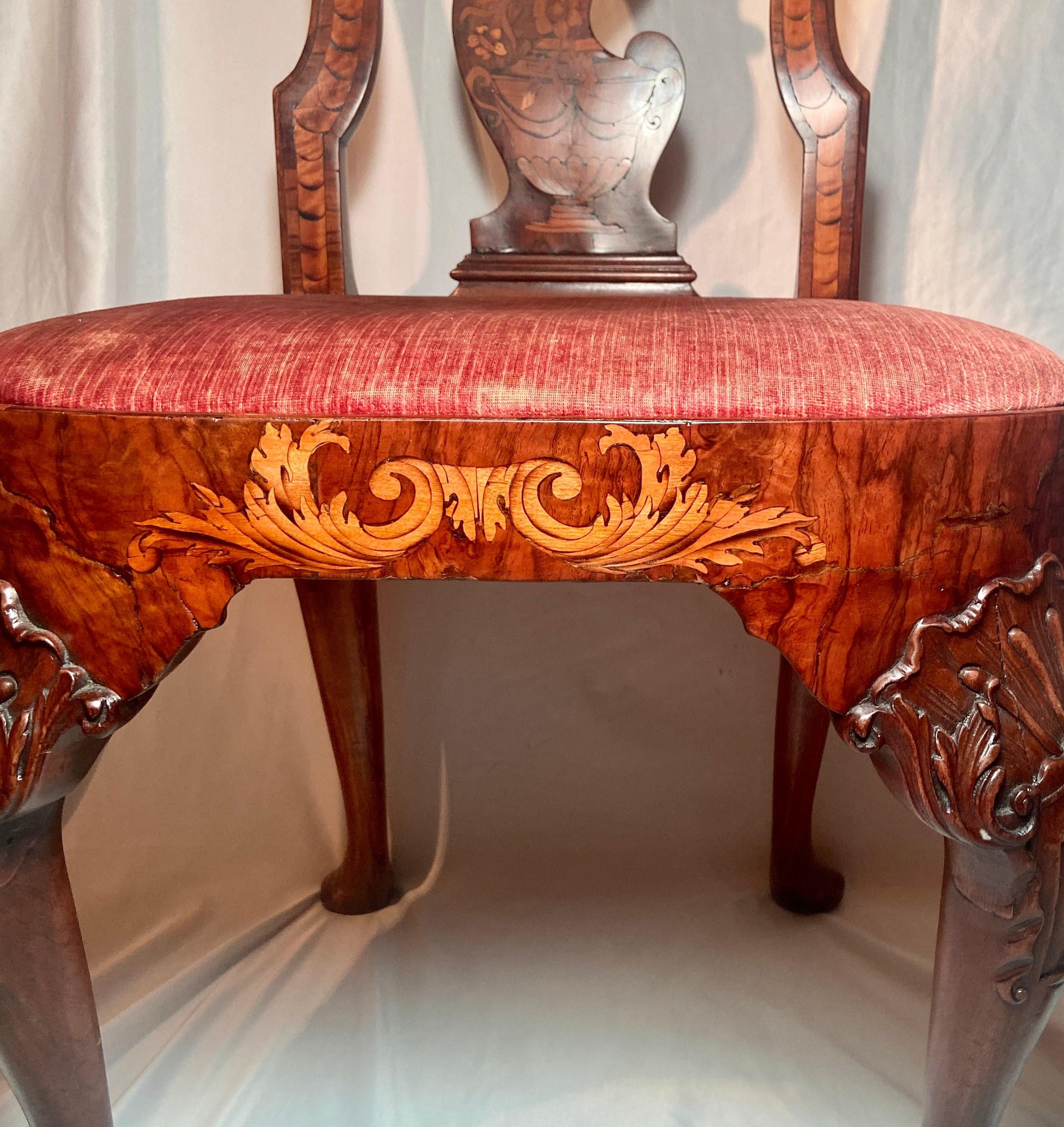 Wood Pair Antique 18th Century Dutch Marquetry Queen Anne Side Chairs Circa 1710-1730 For Sale