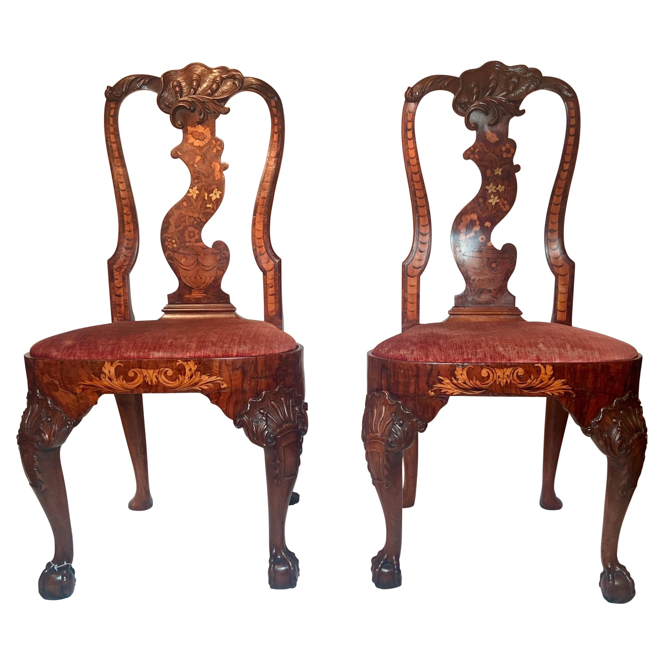 Paire de chaises d'appoint anciennes Queen Anne en marqueterie hollandaise du 18ème siècle, datant d'environ 1710-1730