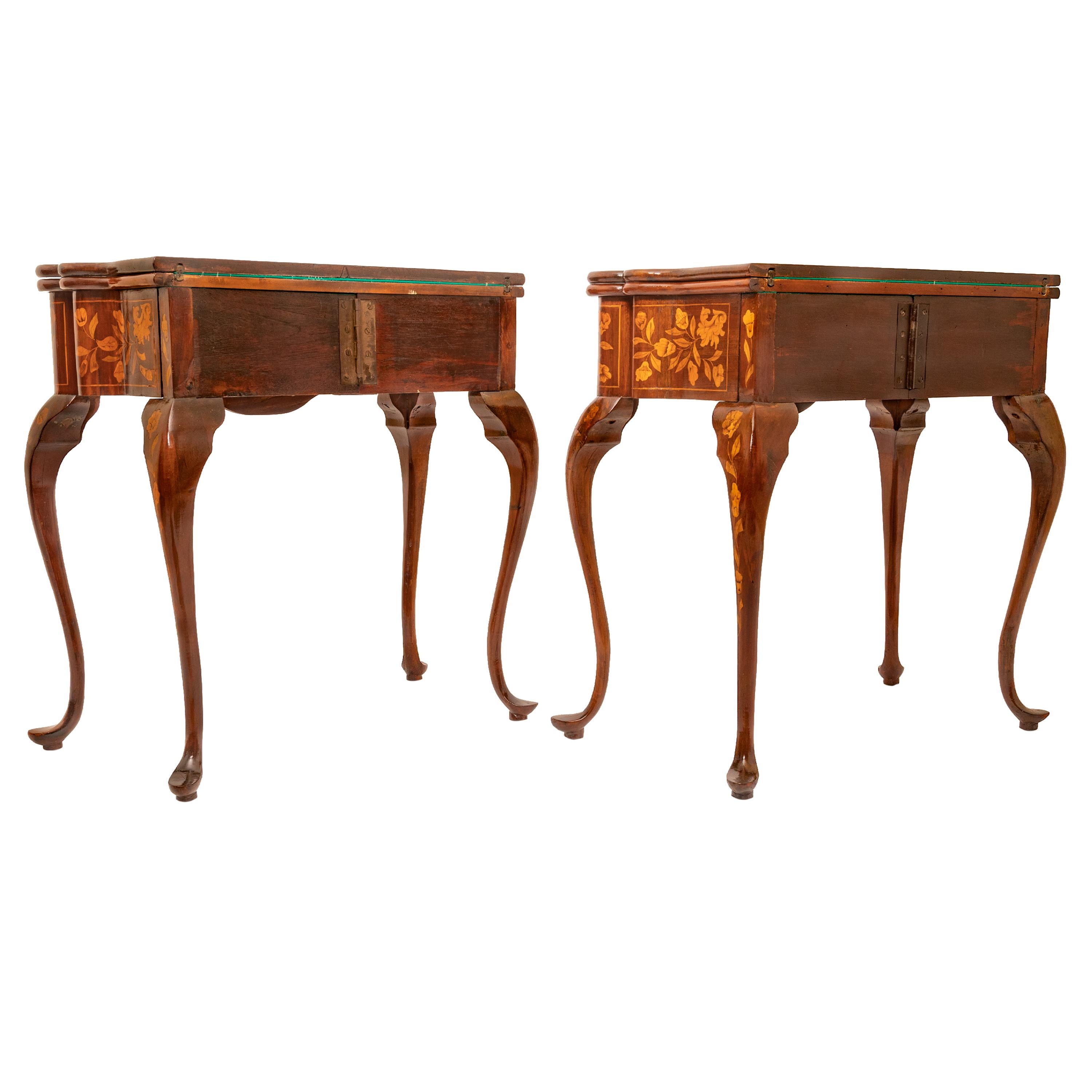Pair Antique 19th Century Dutch Walnut Marquetry Card Game Console Tables 1820 For Sale 6