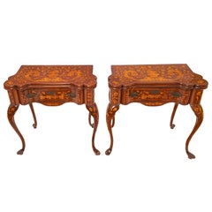 Pair Antique 19th Century Dutch Walnut Marquetry Card Game Console Tables 1820