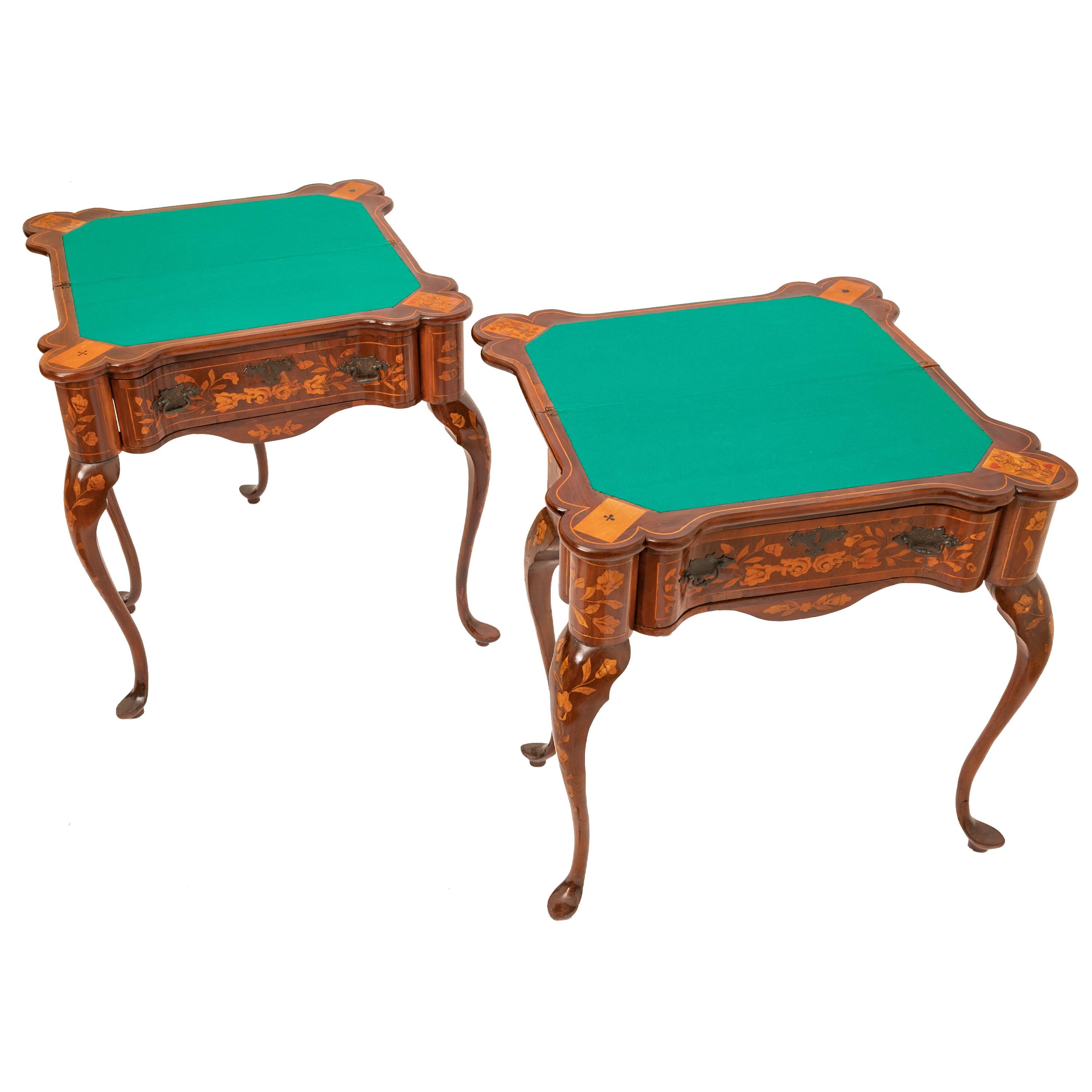 George III Pair Antique 19th Century Dutch Walnut Marquetry Card Game Console Tables 1820 For Sale