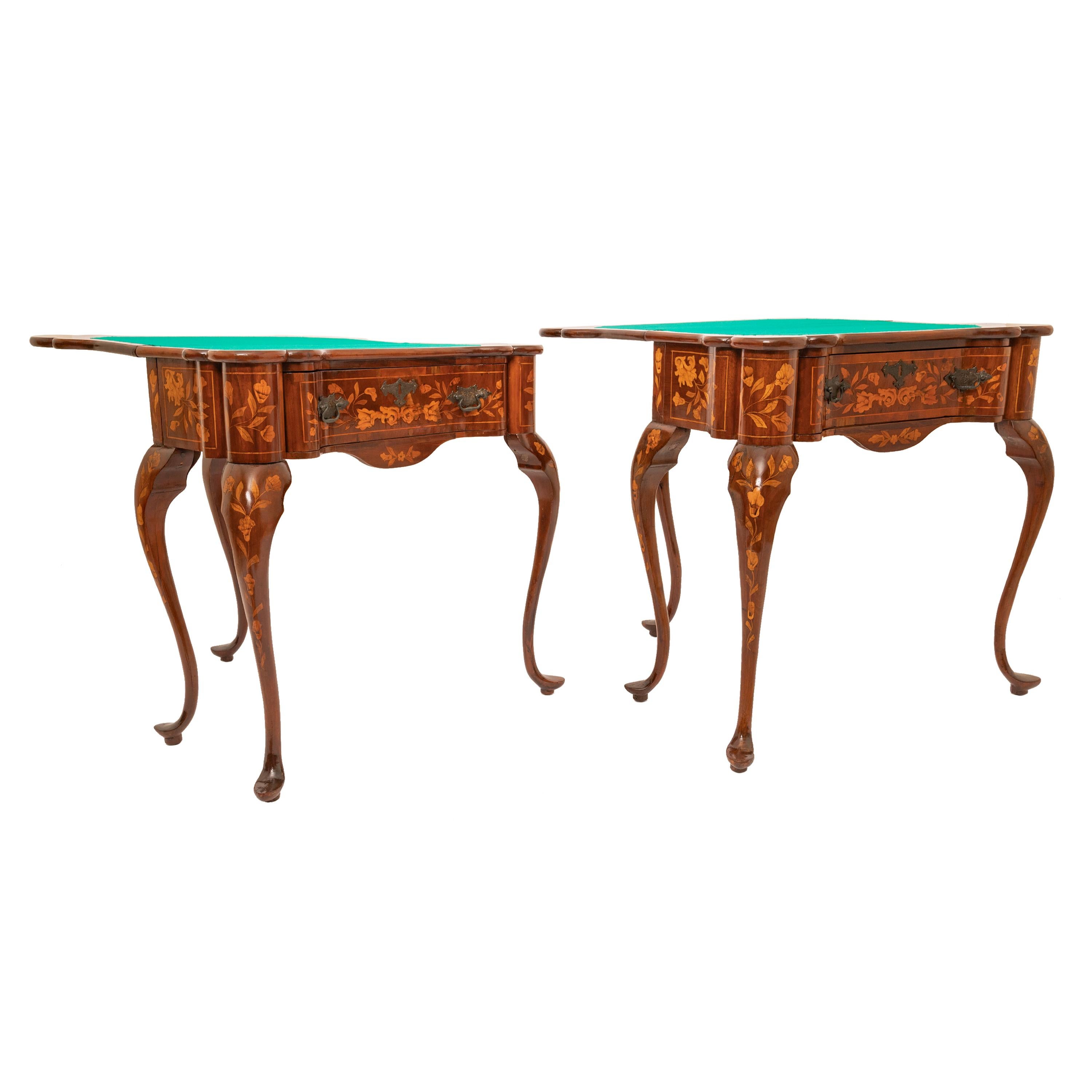 Pair Antique 19th Century Dutch Walnut Marquetry Card Game Console Tables 1820 In Good Condition For Sale In Portland, OR