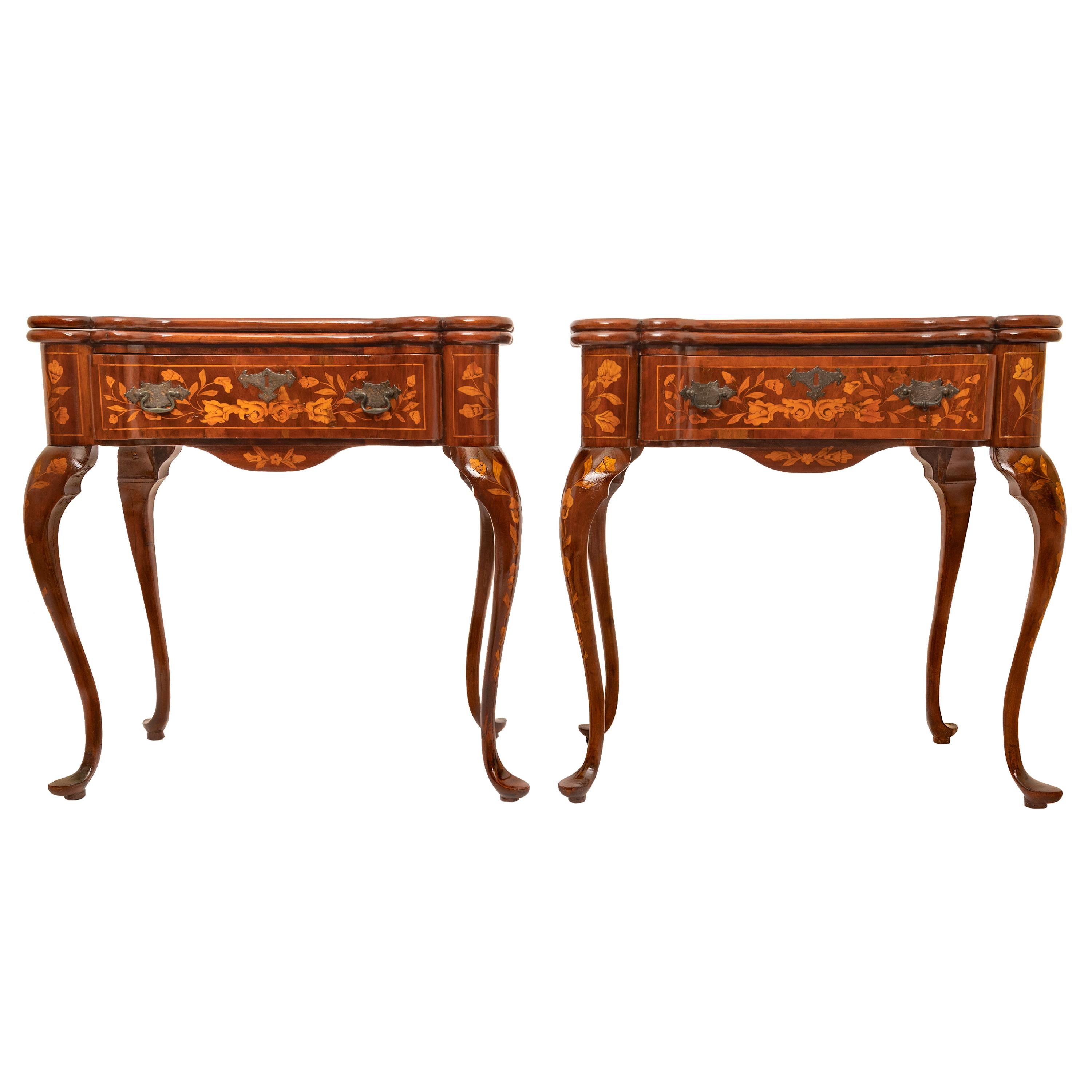 Fruitwood Pair Antique 19th Century Dutch Walnut Marquetry Card Game Console Tables 1820 For Sale