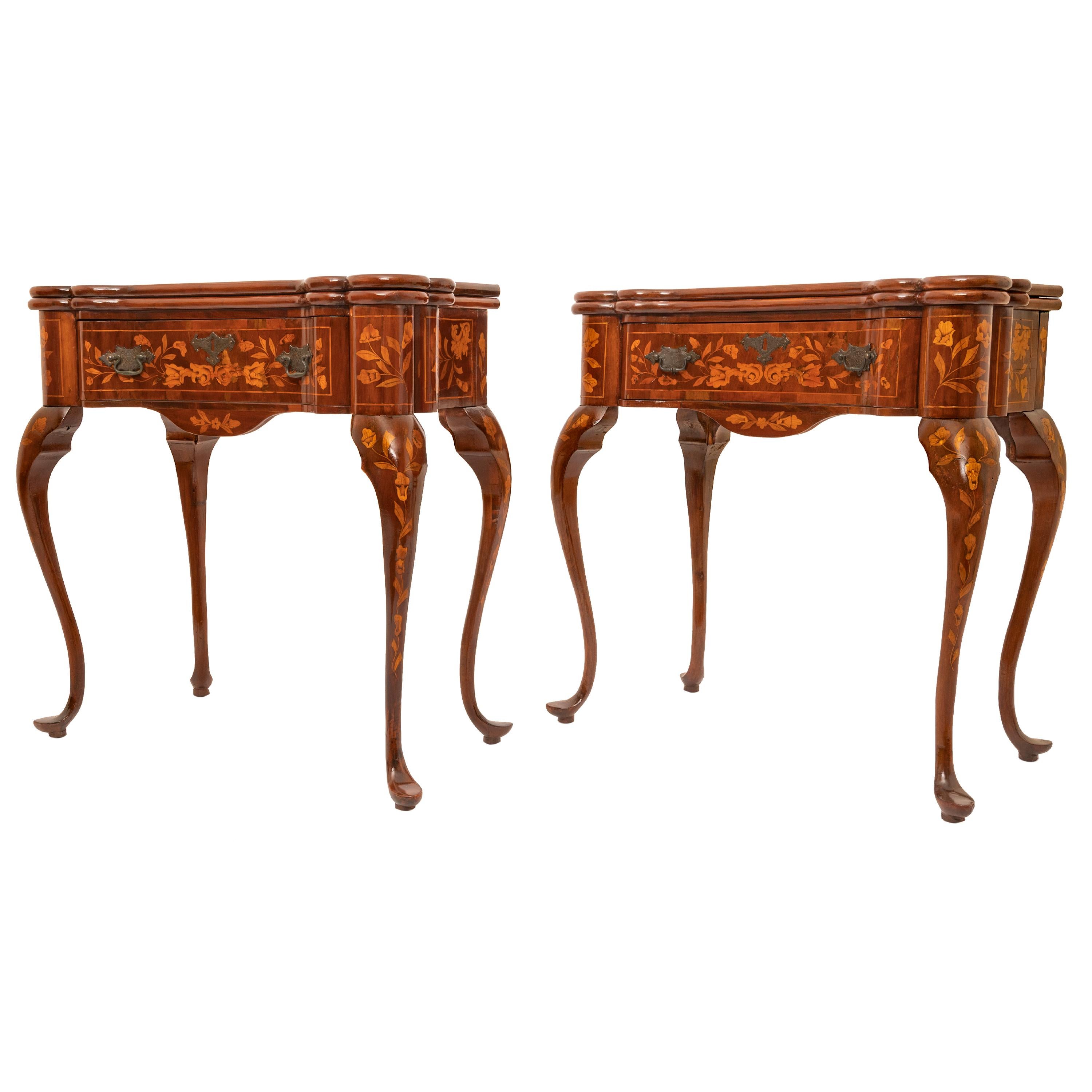 Pair Antique 19th Century Dutch Walnut Marquetry Card Game Console Tables 1820 For Sale 1