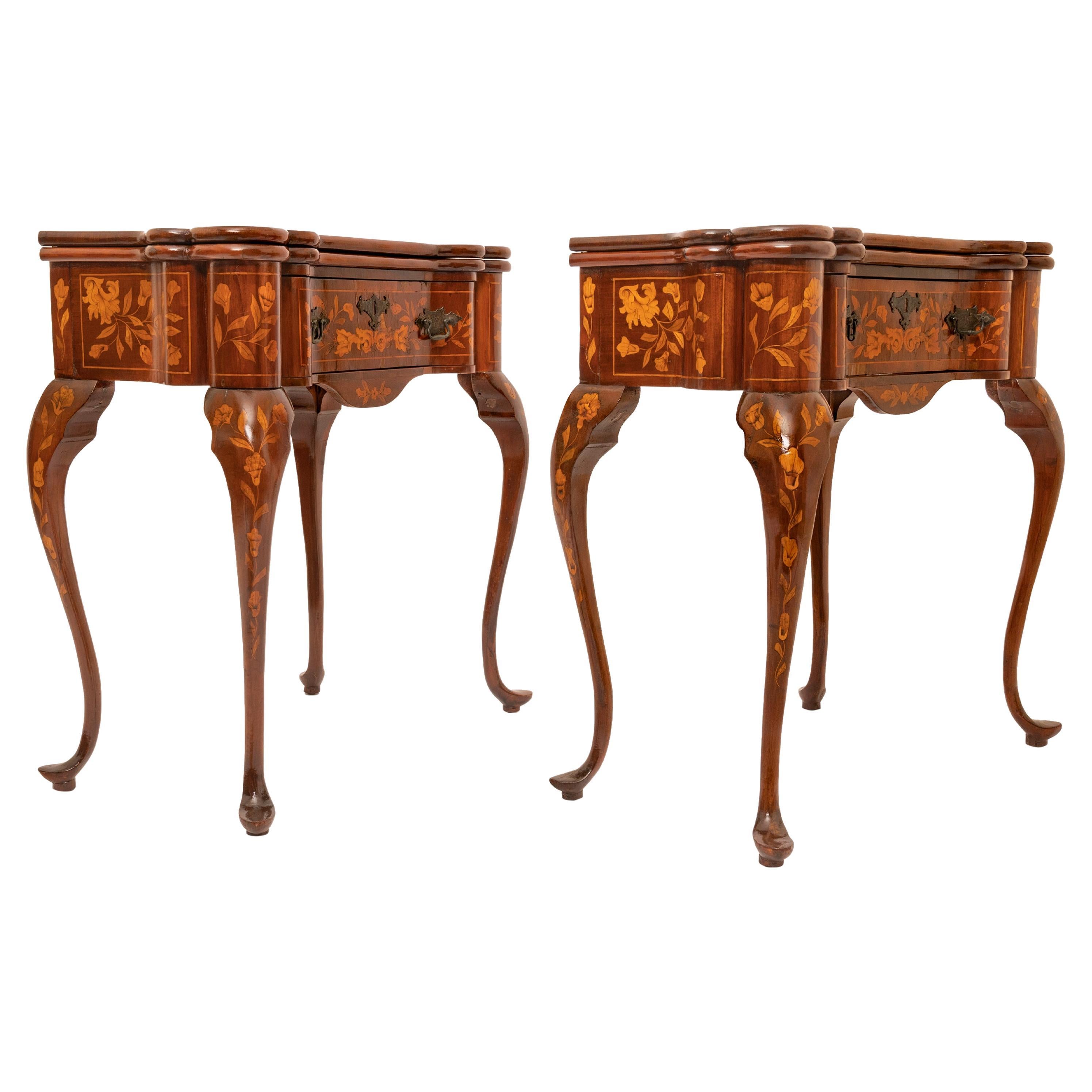 Pair Antique 19th Century Dutch Walnut Marquetry Card Game Console Tables 1820 For Sale