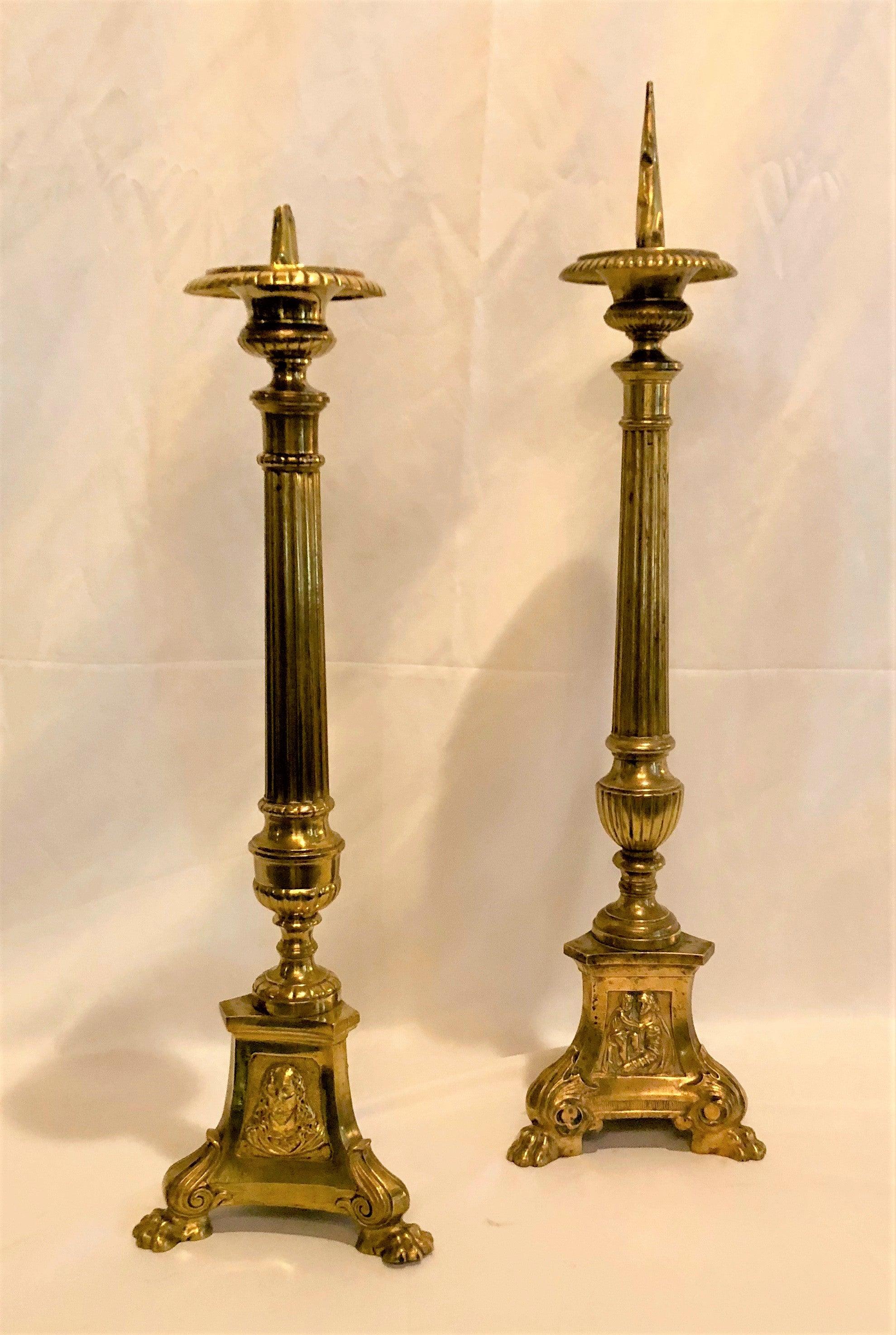 Pair of Antique 18th Century English Brass Old Gothic Church Candles In Good Condition In New Orleans, LA