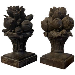 Pair Antique 18th Century French Louis XVI Carved Wood Fruit Basket Finial Urns