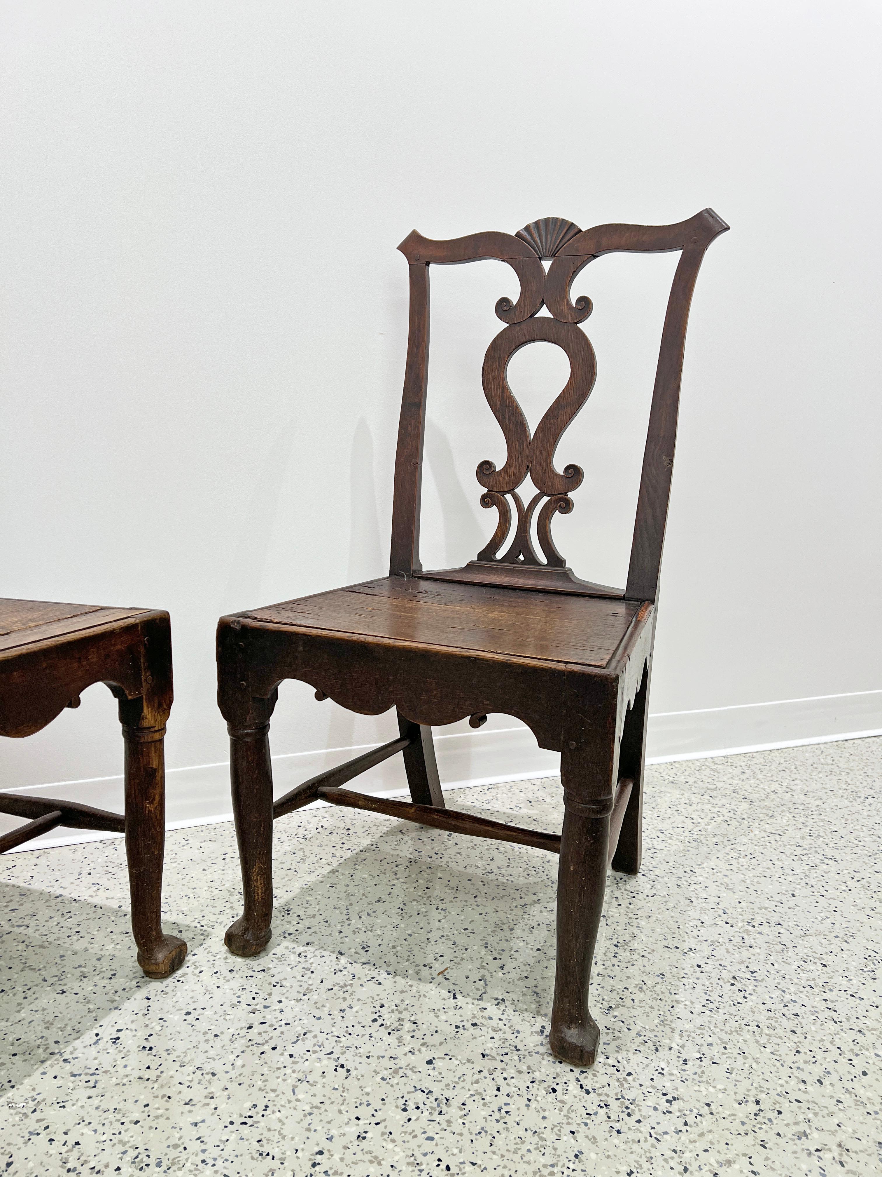 British Pair Antique 18th Century Irish Oak Chippendale Side Chairs with Celtic Carving For Sale