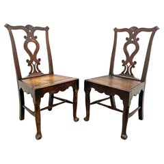 Pair Antique 18th Century Irish Oak Chippendale Side Chairs with Celtic Carving