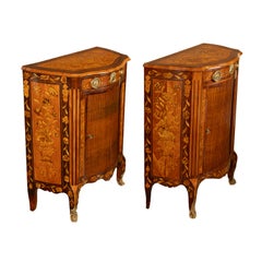 Pair Antique 18thC French Louis XV Inlaid Marquetry Ormolu Tambour Cabinets 1780