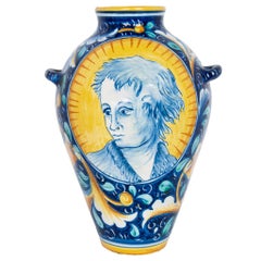 Pair Antique 18thC Italian Majolica Pottery Portrait Vases Apothecary Jars 1700
