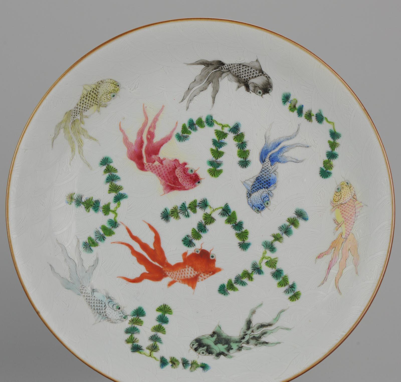 Pair of Antique Chinese Porcelain Plates Goldfishes Qianlong Marked 5