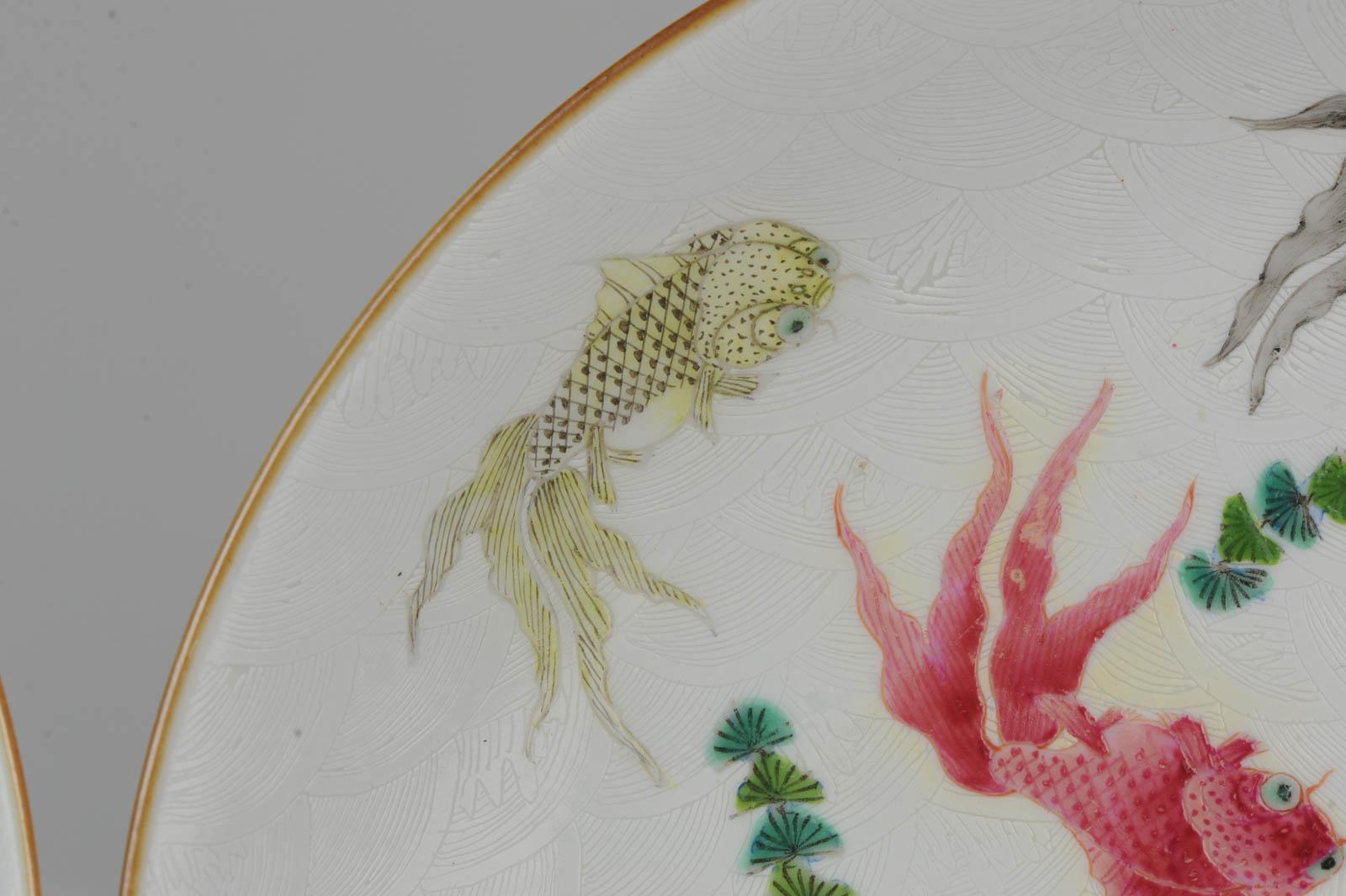 Pair of Antique Chinese Porcelain Plates Goldfishes Qianlong Marked 12