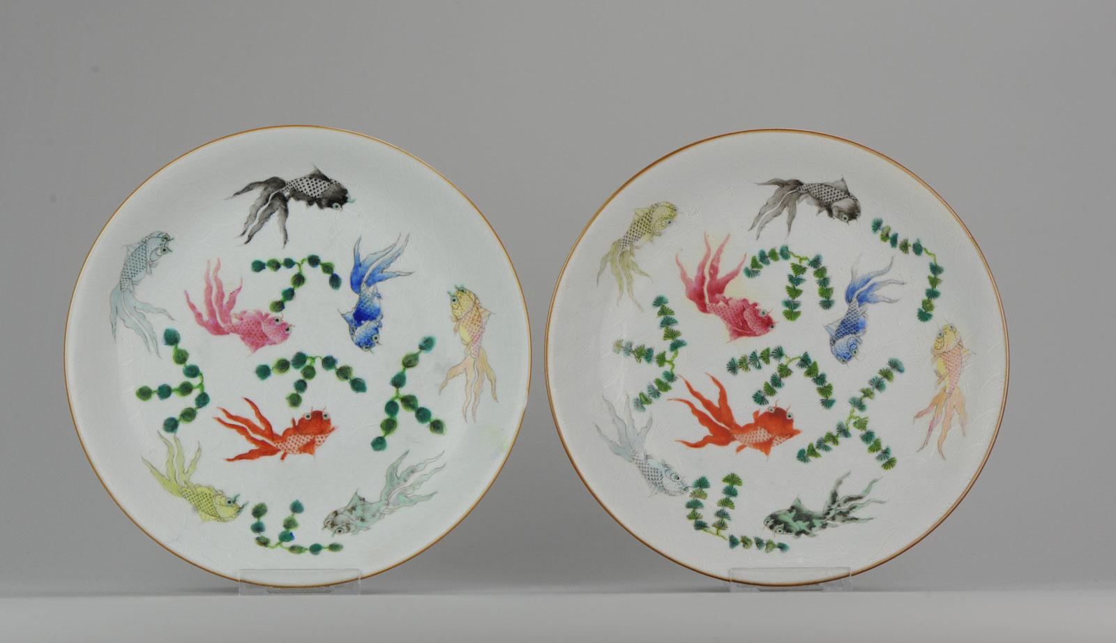 Qing Pair of Antique Chinese Porcelain Plates Goldfishes Qianlong Marked