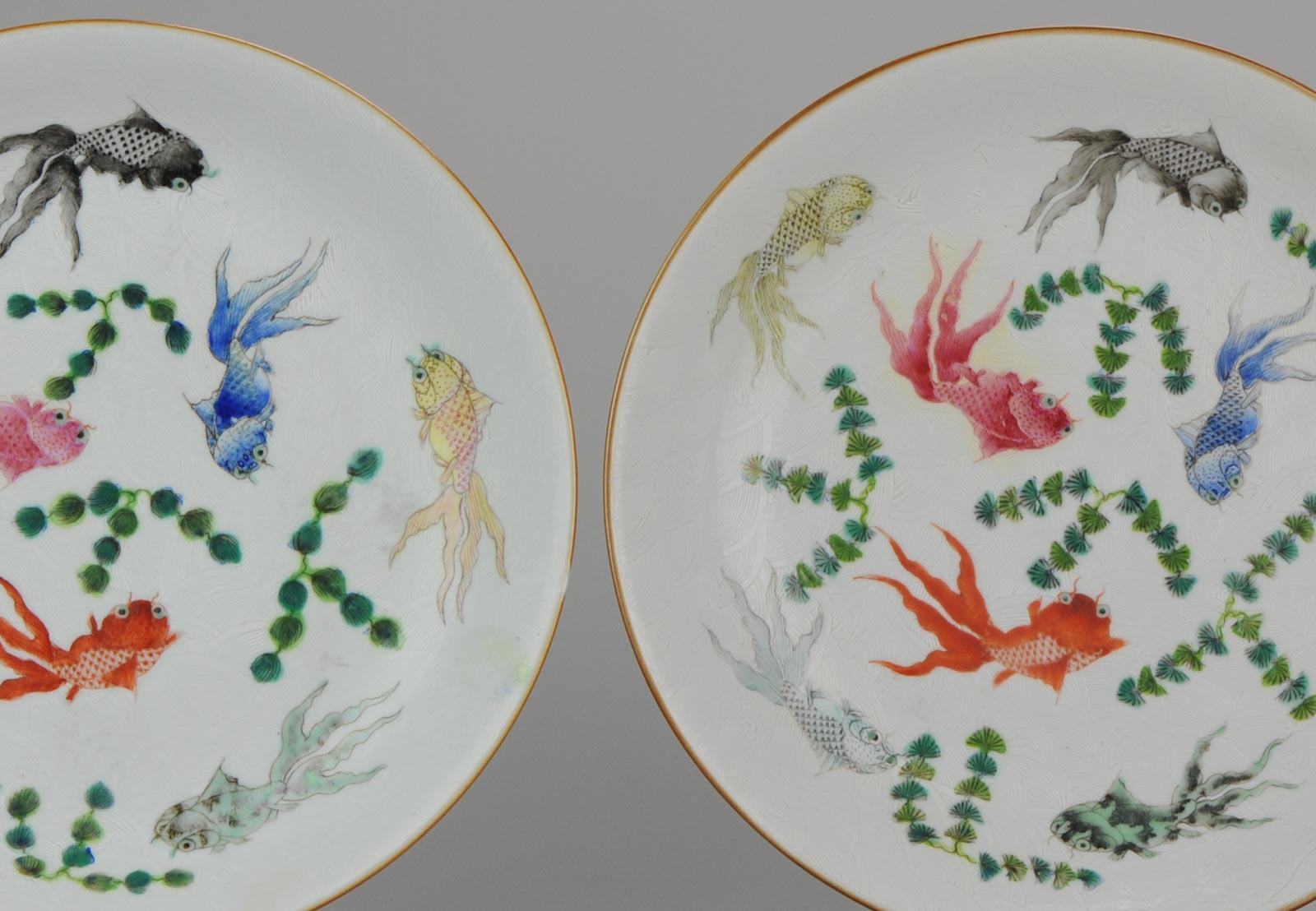 Pair of Antique Chinese Porcelain Plates Goldfishes Qianlong Marked 1