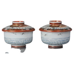 Paar antike japanische Kutani-Teeschalen aus Porzellan, Gaiwan Minogame, signiert, 19./20 Karat