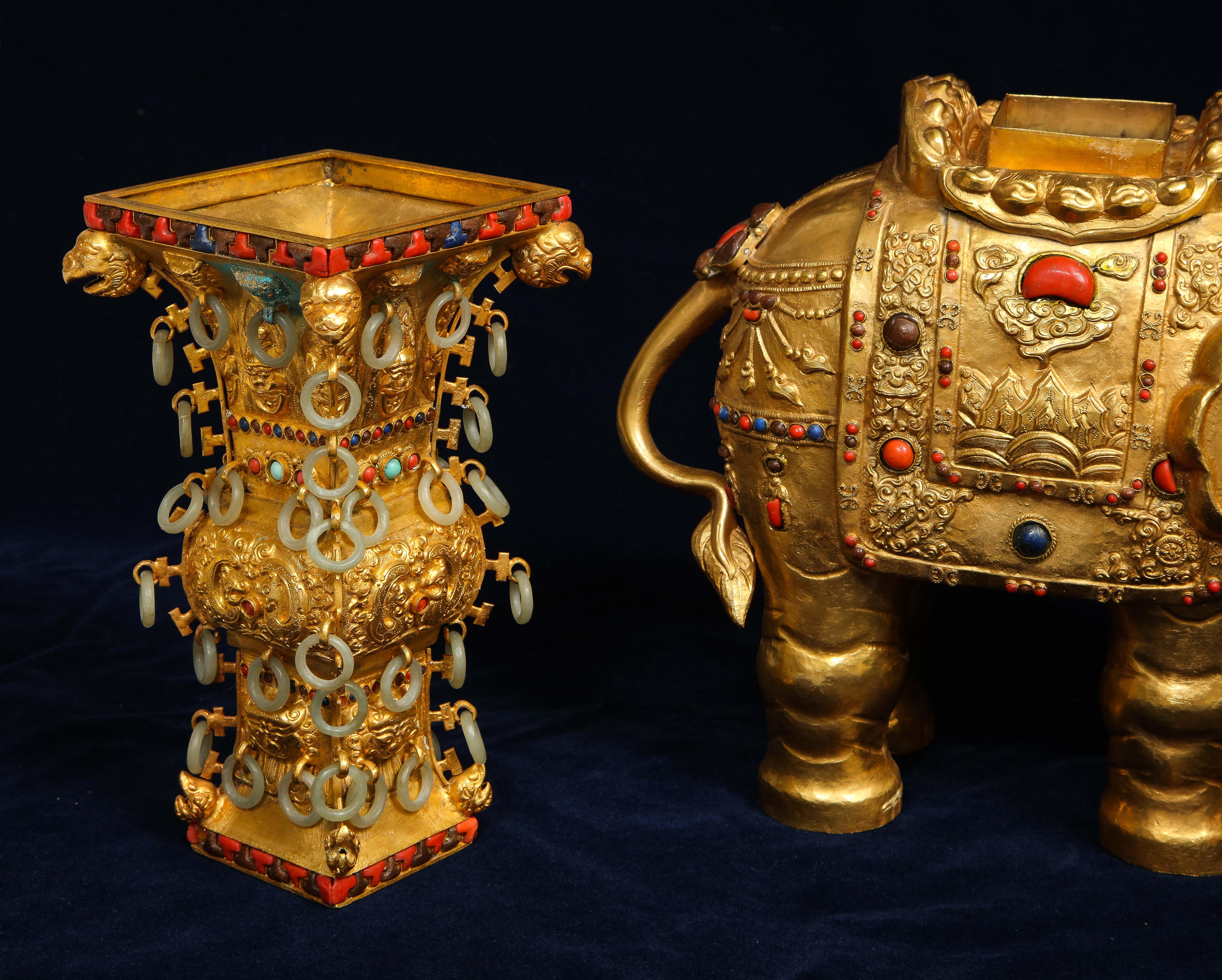 Pair Antique 20th Century Chinese Gilt Copper Elephant Form Censers w/ Jade For Sale 3