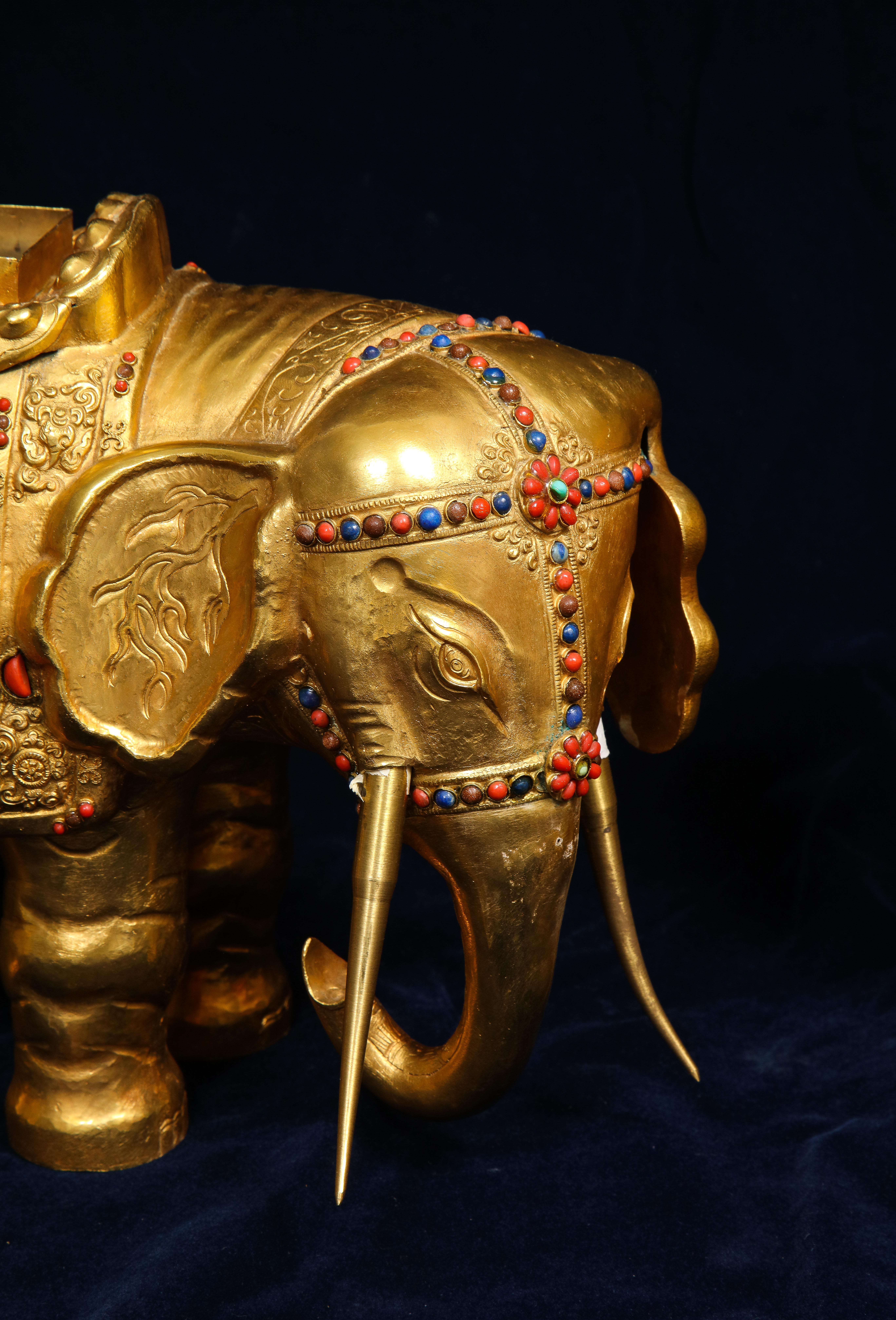 Pair Antique 20th Century Chinese Gilt Copper Elephant Form Censers w/ Jade For Sale 4