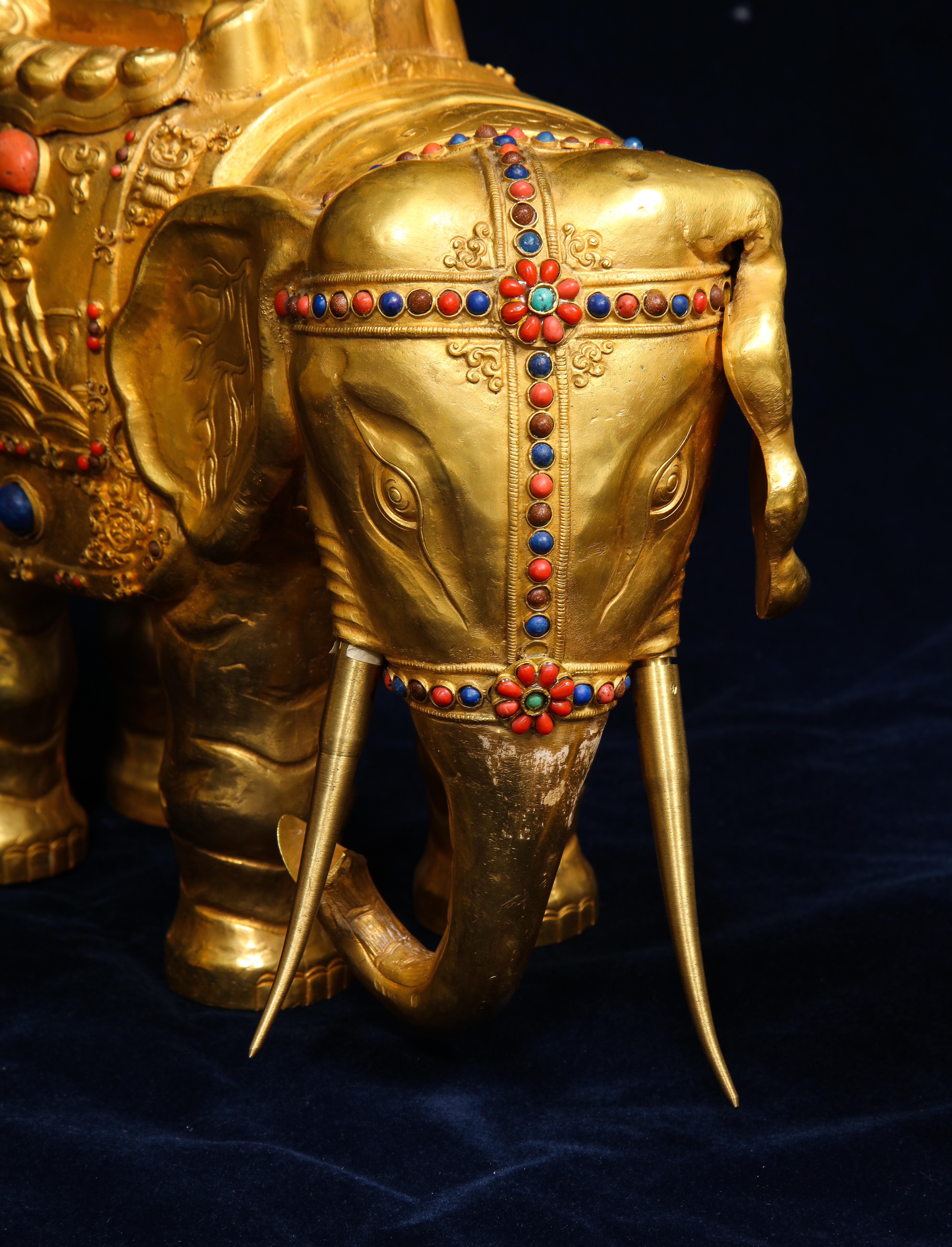 Pair Antique 20th Century Chinese Gilt Copper Elephant Form Censers w/ Jade For Sale 5