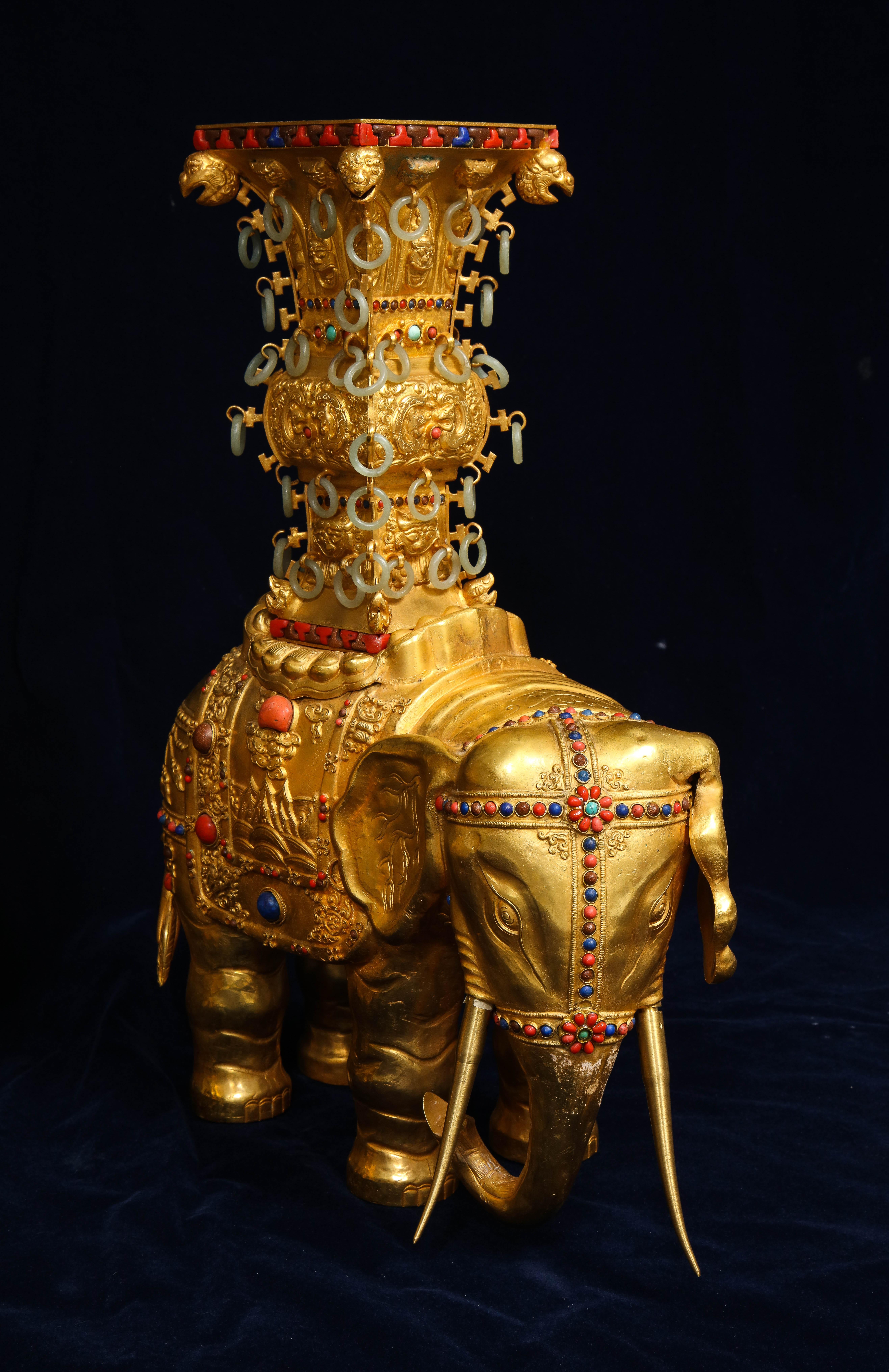 Pair Antique 20th Century Chinese Gilt Copper Elephant Form Censers w/ Jade For Sale 6