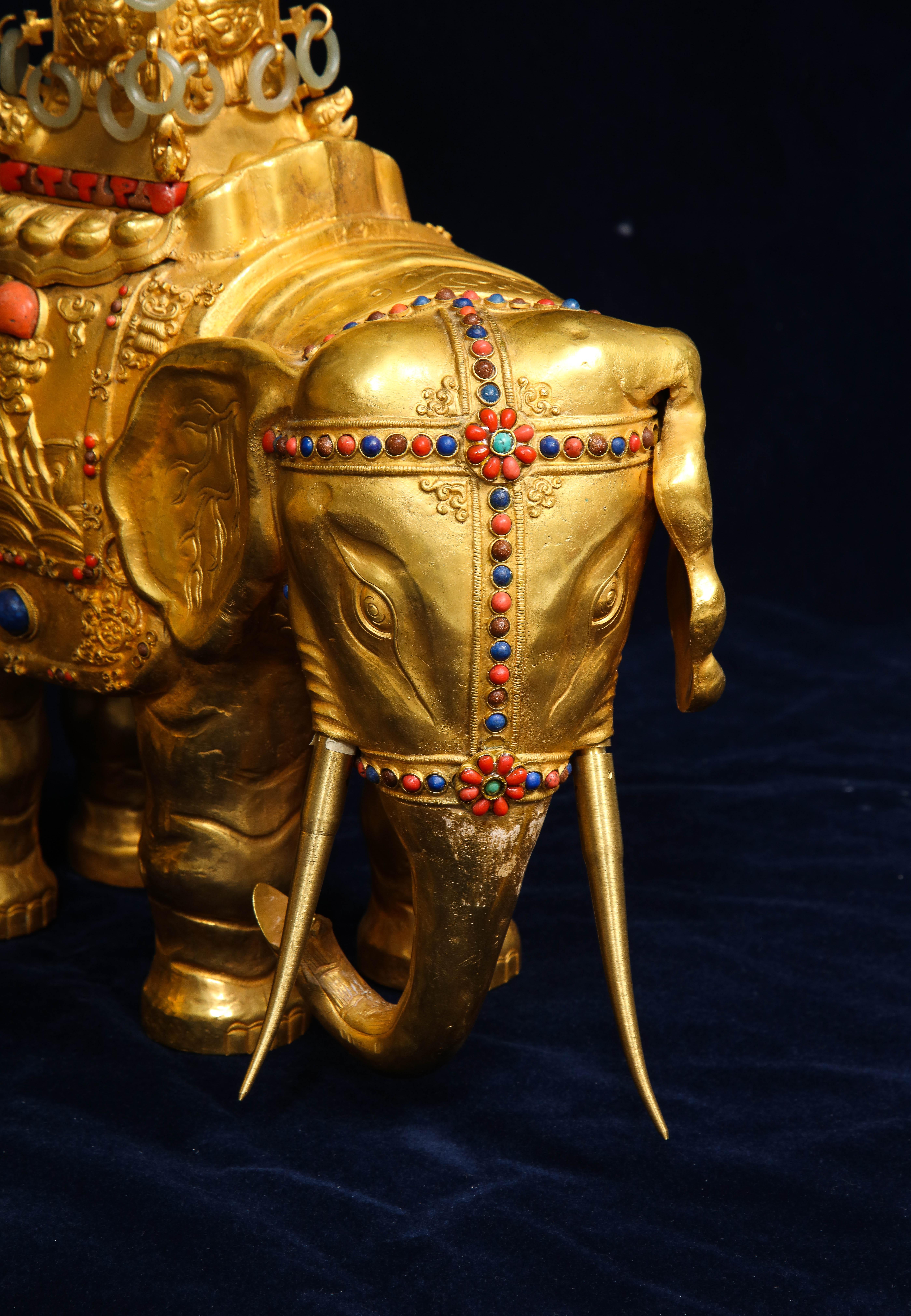 Pair Antique 20th Century Chinese Gilt Copper Elephant Form Censers w/ Jade For Sale 7
