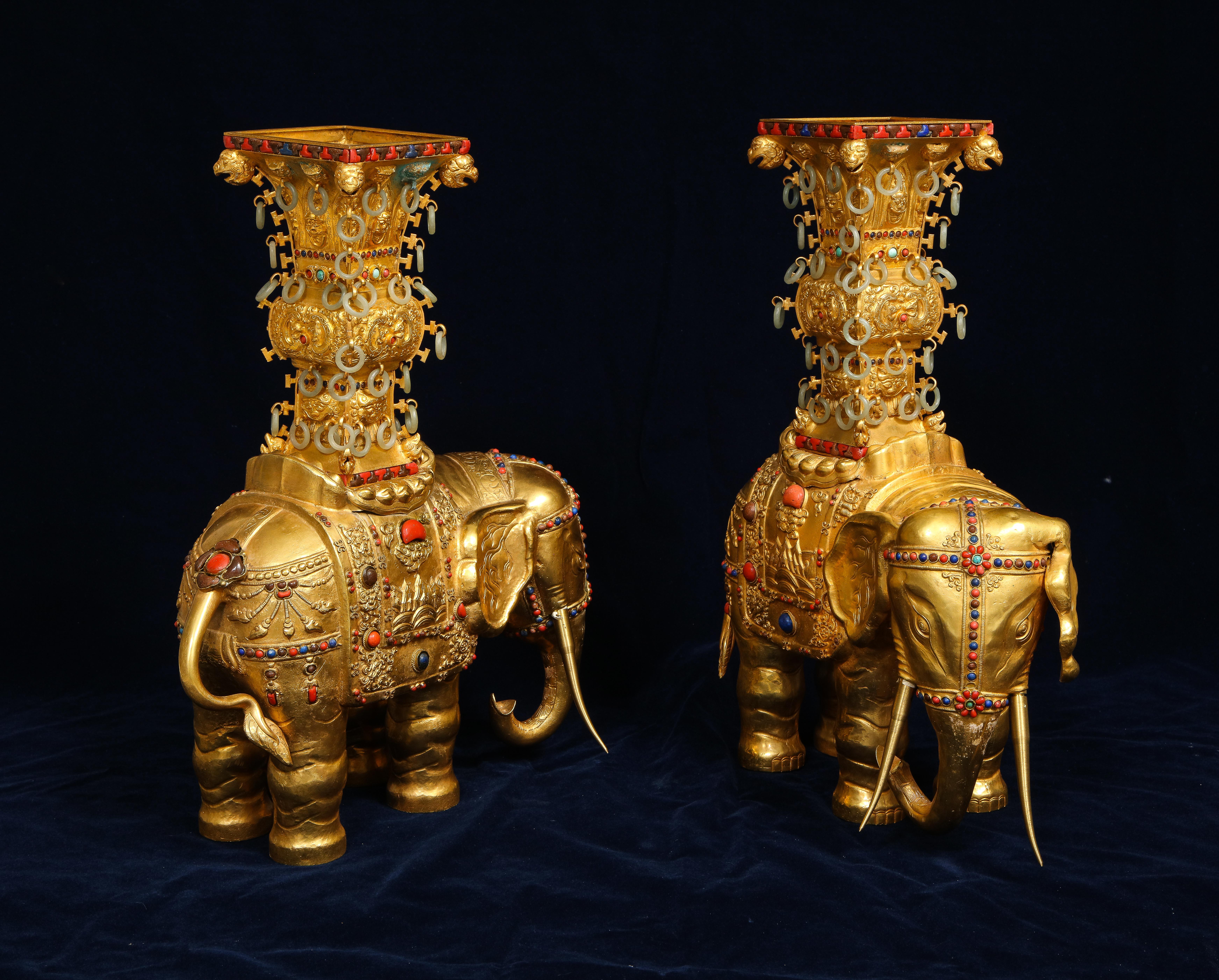 Chinese Export Pair Antique 20th Century Chinese Gilt Copper Elephant Form Censers w/ Jade For Sale