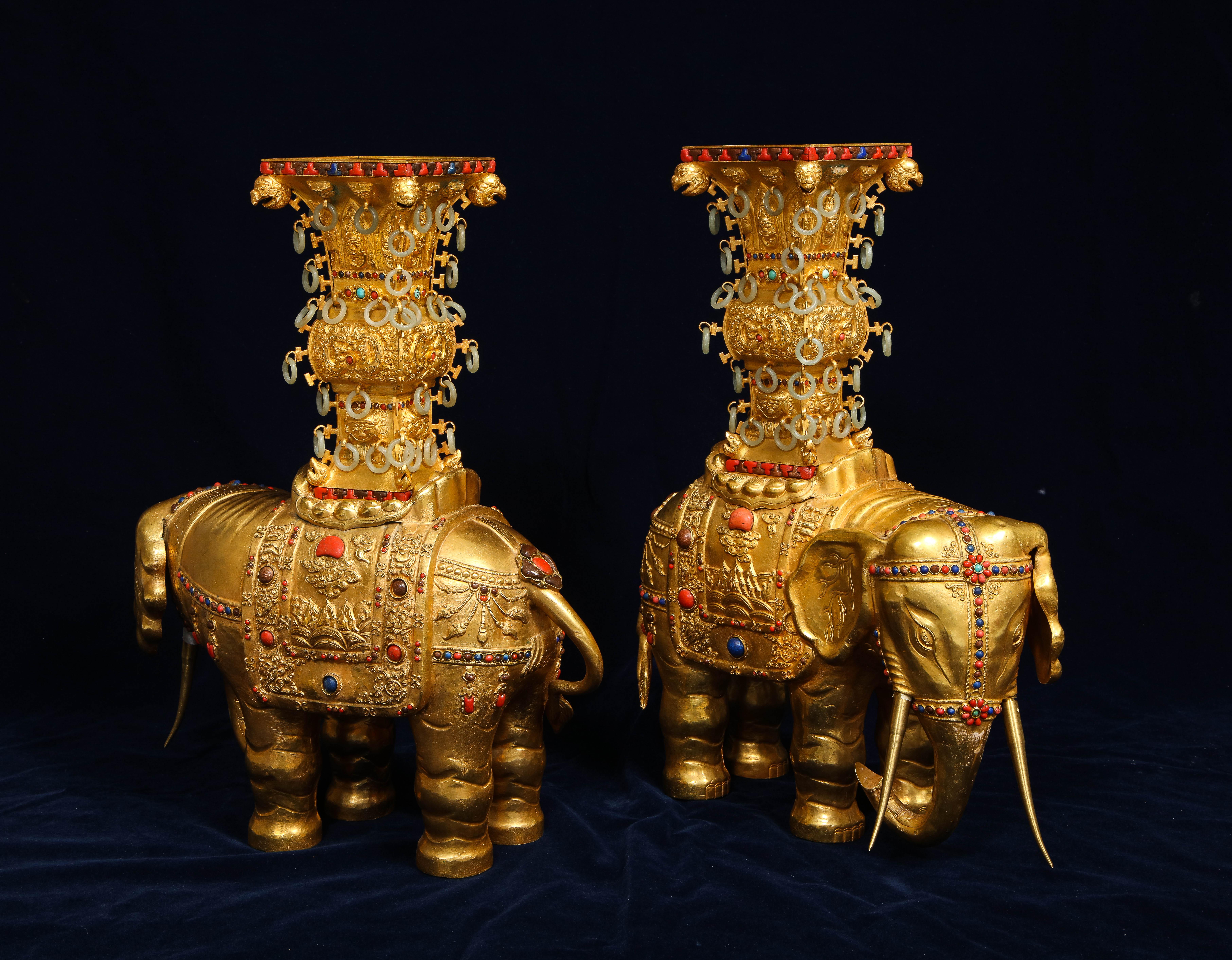 Hand-Carved Pair Antique 20th Century Chinese Gilt Copper Elephant Form Censers w/ Jade For Sale