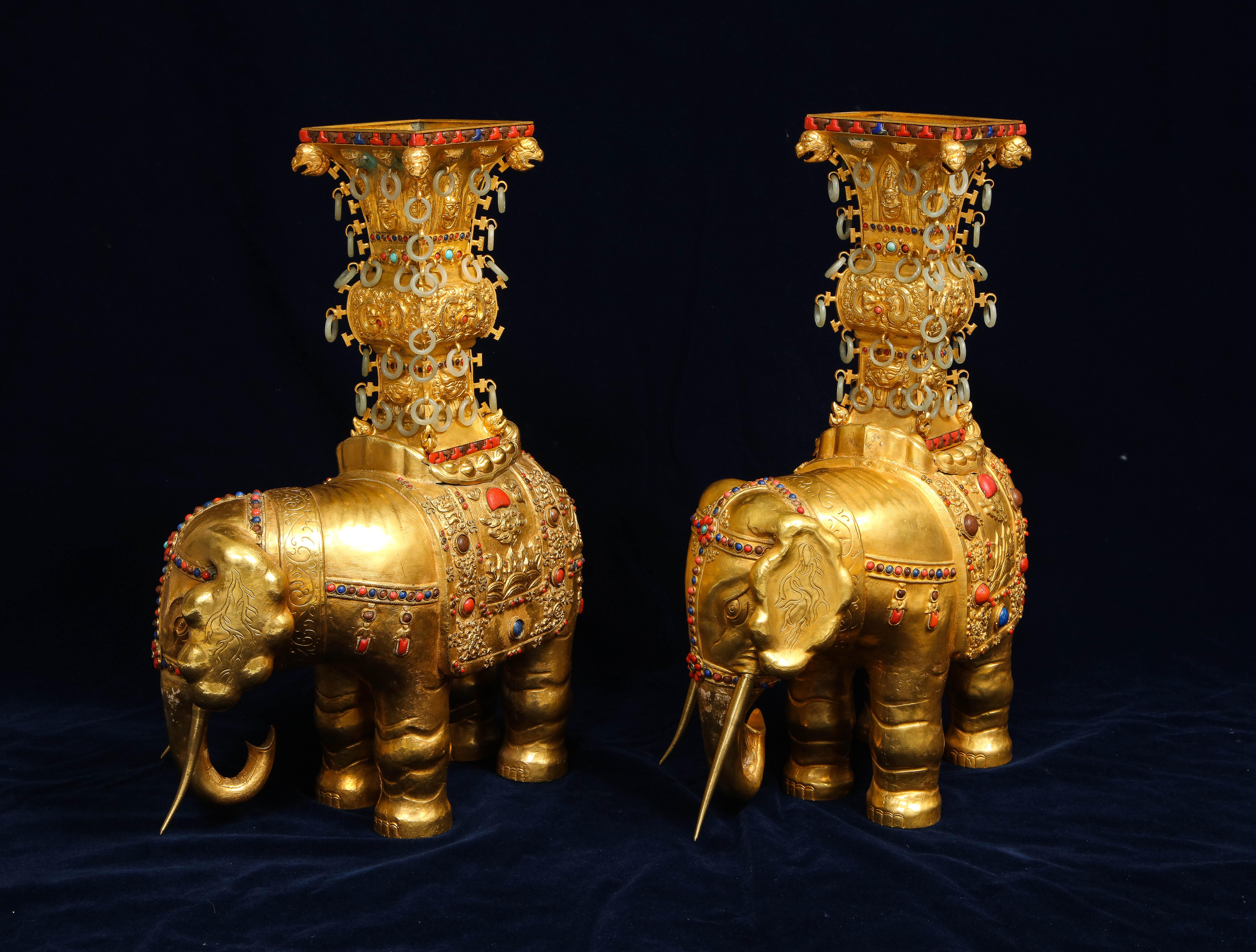 Pair Antique 20th Century Chinese Gilt Copper Elephant Form Censers w/ Jade In Good Condition For Sale In New York, NY