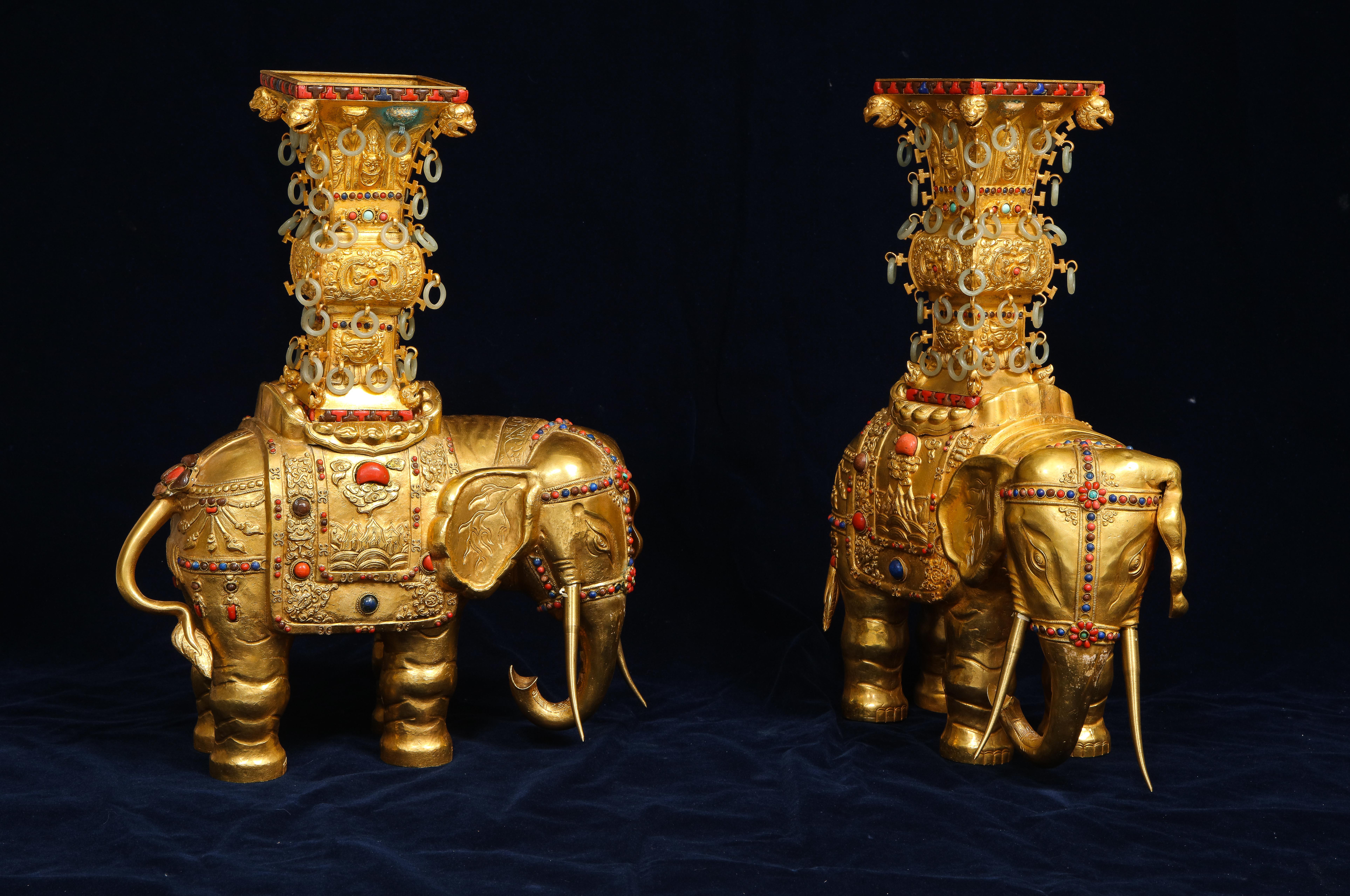 Late 20th Century Pair Antique 20th Century Chinese Gilt Copper Elephant Form Censers w/ Jade For Sale