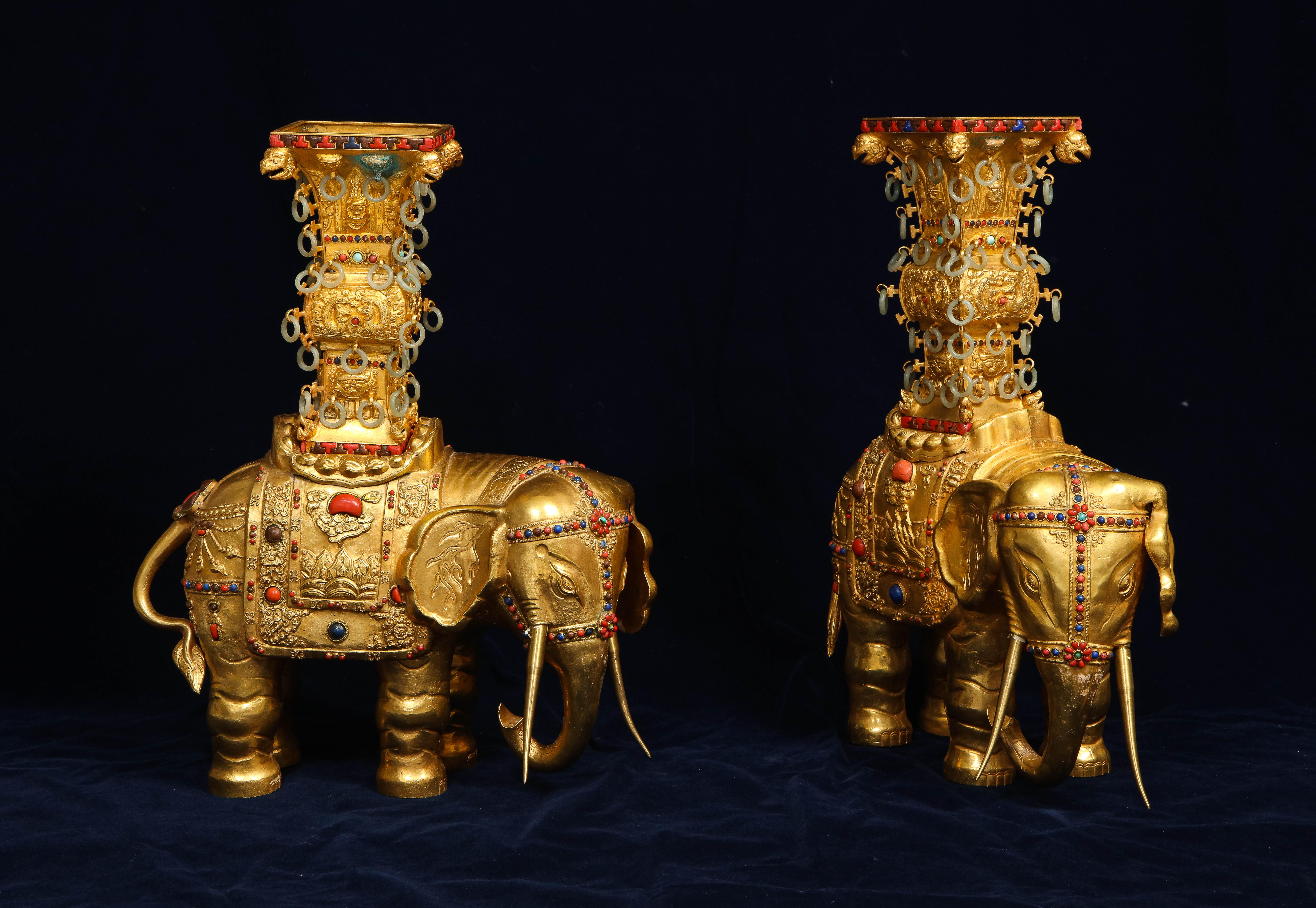Bronze Pair Antique 20th Century Chinese Gilt Copper Elephant Form Censers w/ Jade For Sale