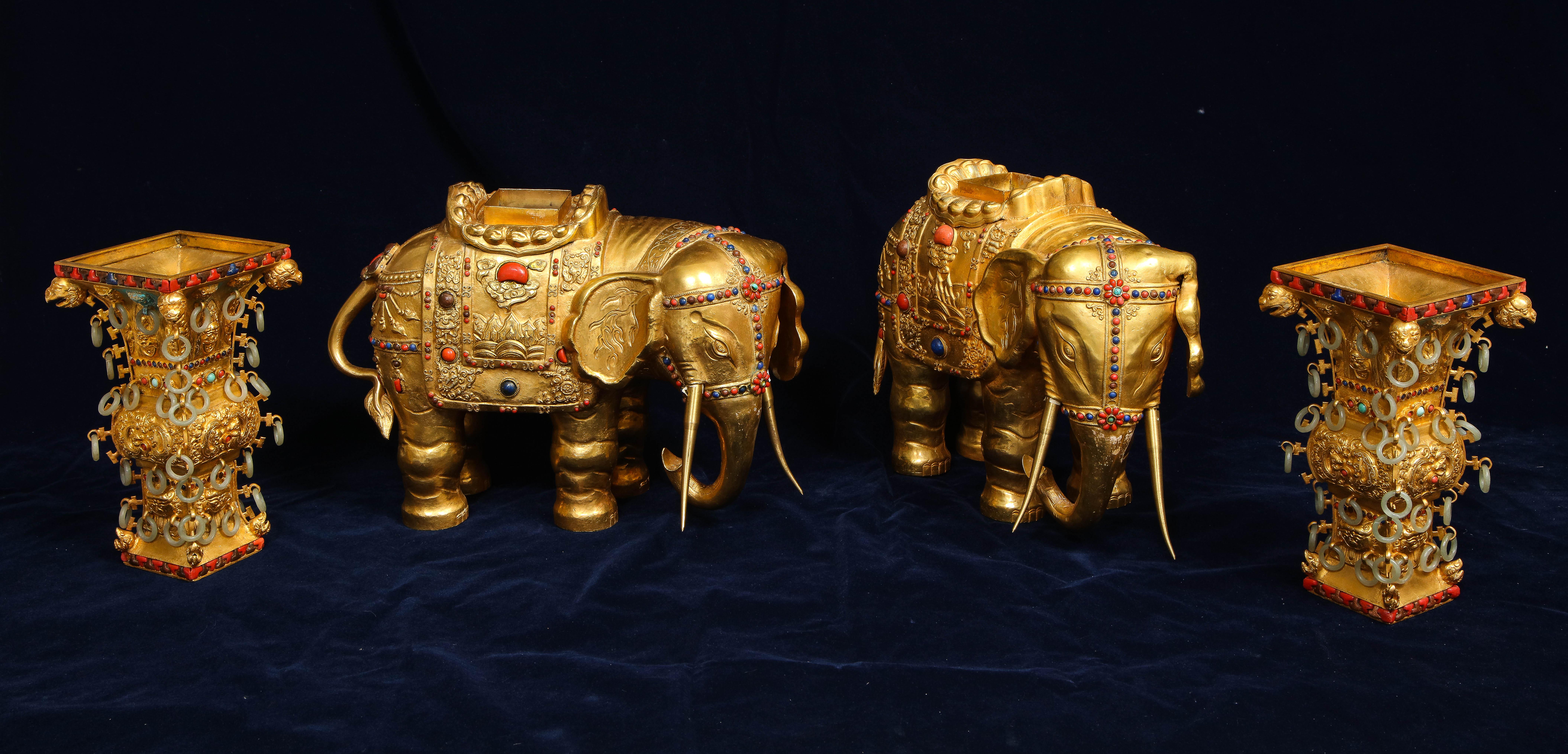Pair Antique 20th Century Chinese Gilt Copper Elephant Form Censers w/ Jade For Sale 1