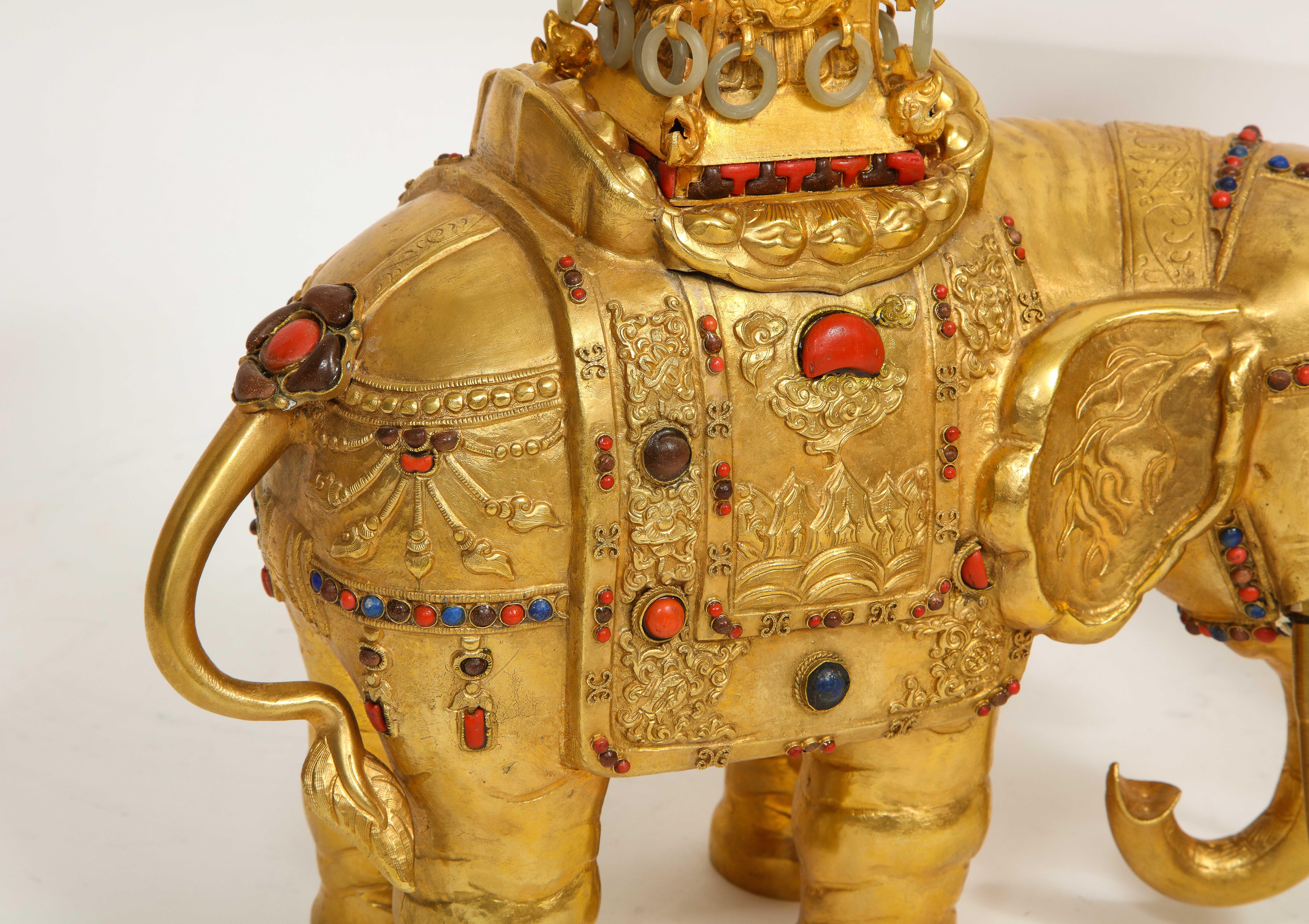 Pair Antique 20th Century Chinese Gilt Copper Elephant Form Censers w/ Jade For Sale 2