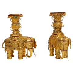 Pair Antique 20th Century Chinese Gilt Copper Elephant Form Censers w/ Jade