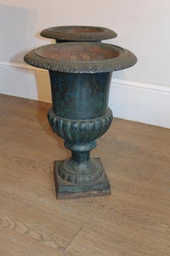 Pair of Antique French Continental Blue Cast Iron Urn Campana Jardinière