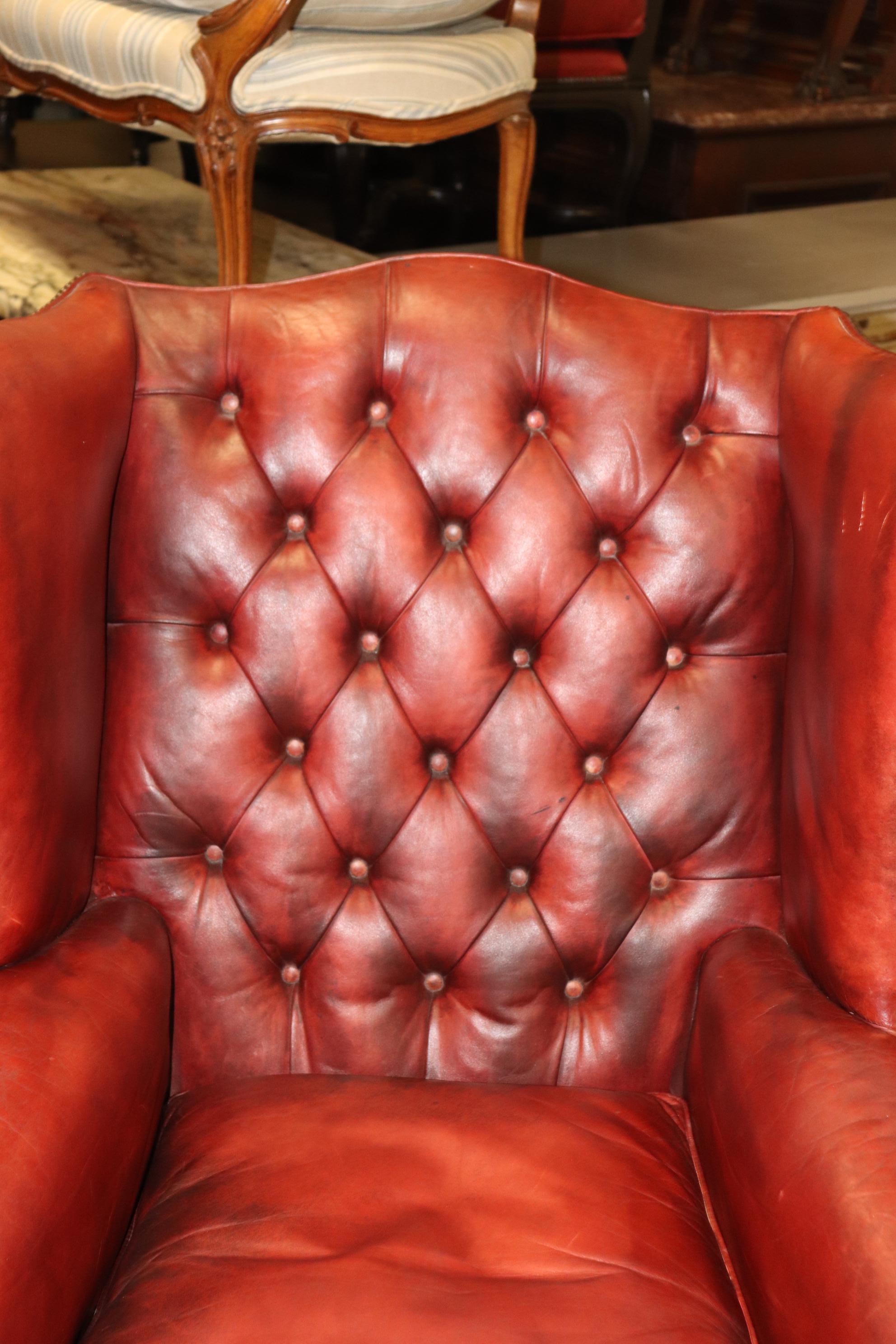 Pair Antique 1920s Era Red Leather Chertfield Tufted Georgian Wingback Chairs 6