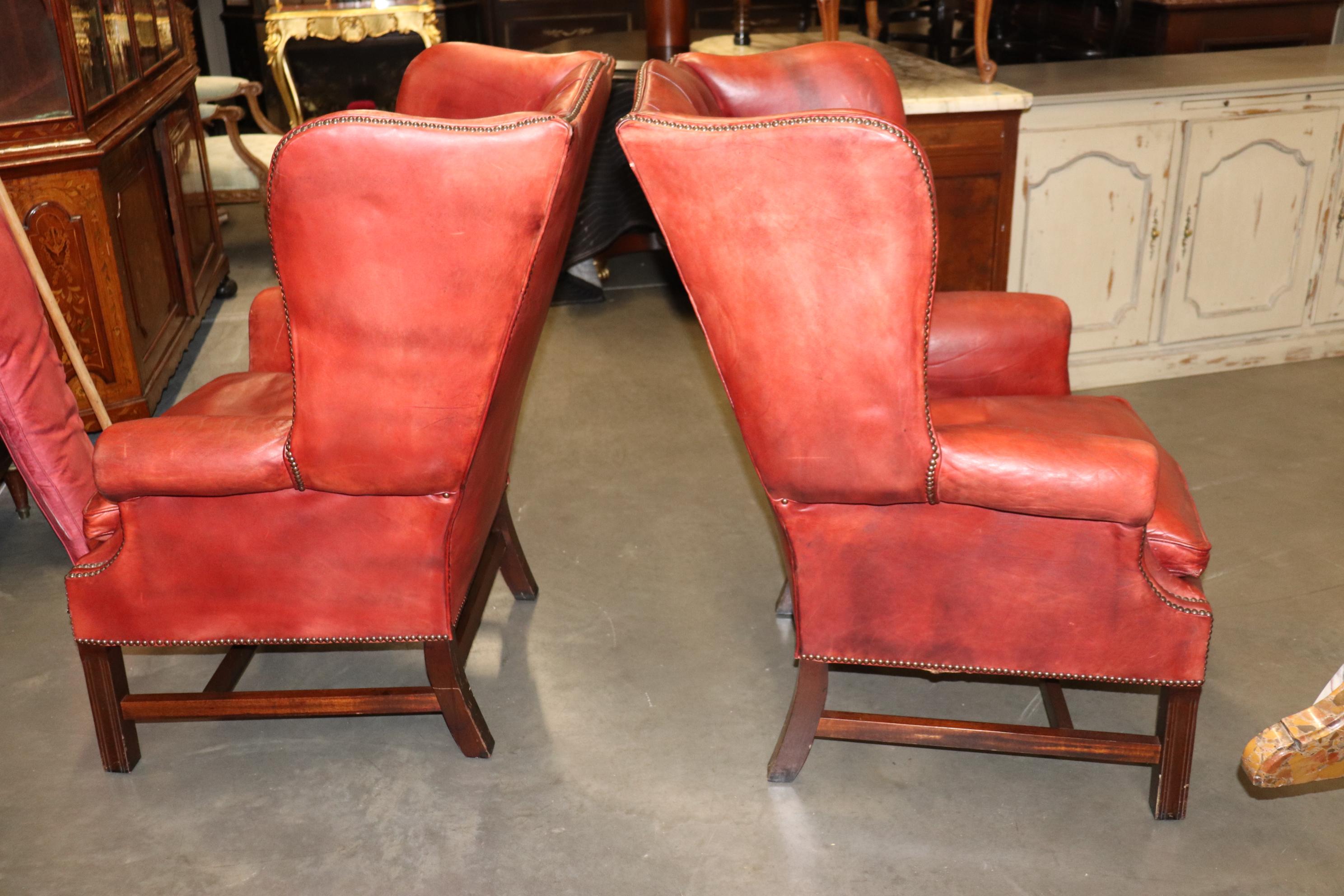 Pair Antique 1920s Era Red Leather Chertfield Tufted Georgian Wingback Chairs 8