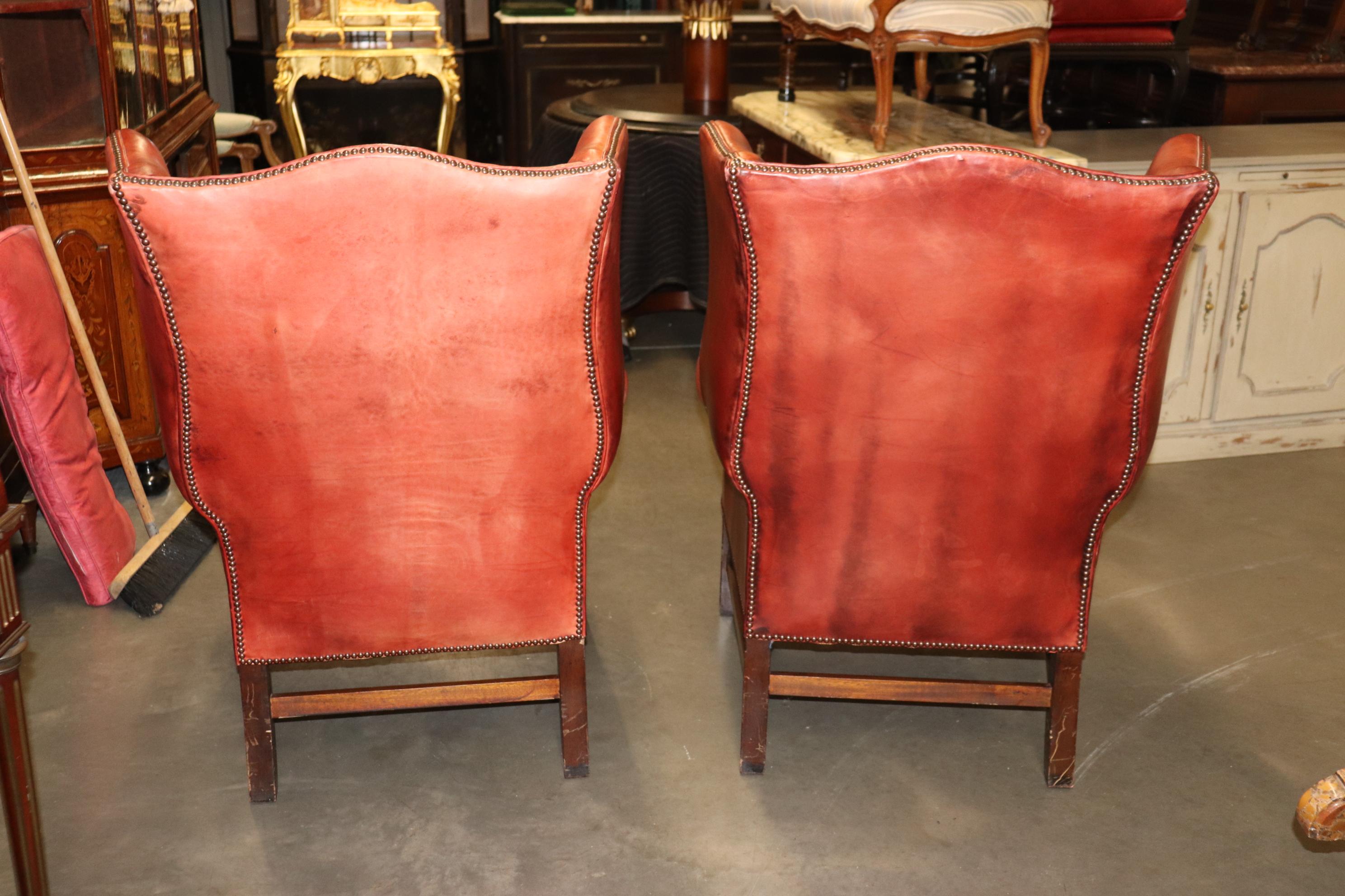 Pair Antique 1920s Era Red Leather Chertfield Tufted Georgian Wingback Chairs 9