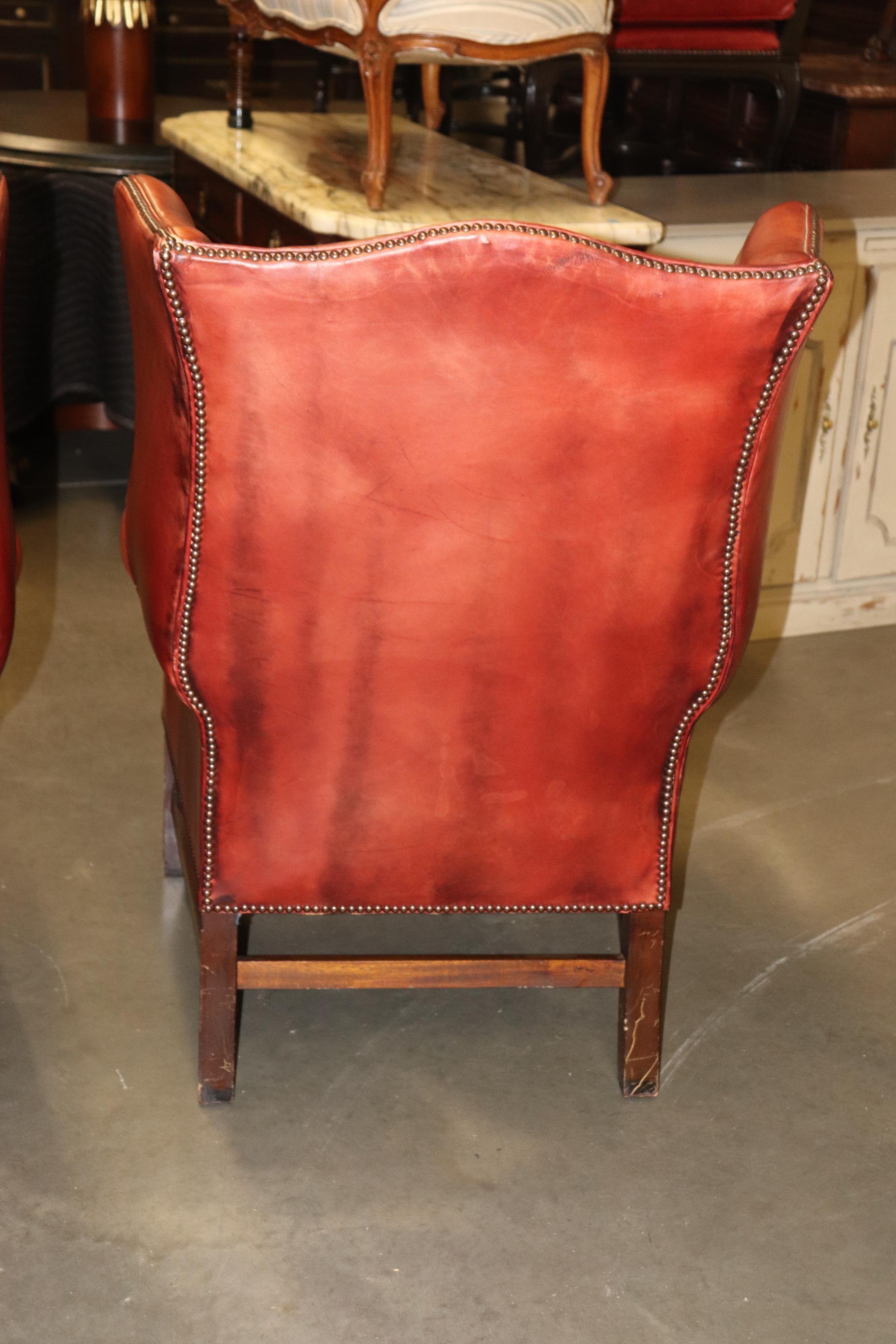 Pair Antique 1920s Era Red Leather Chertfield Tufted Georgian Wingback Chairs 10
