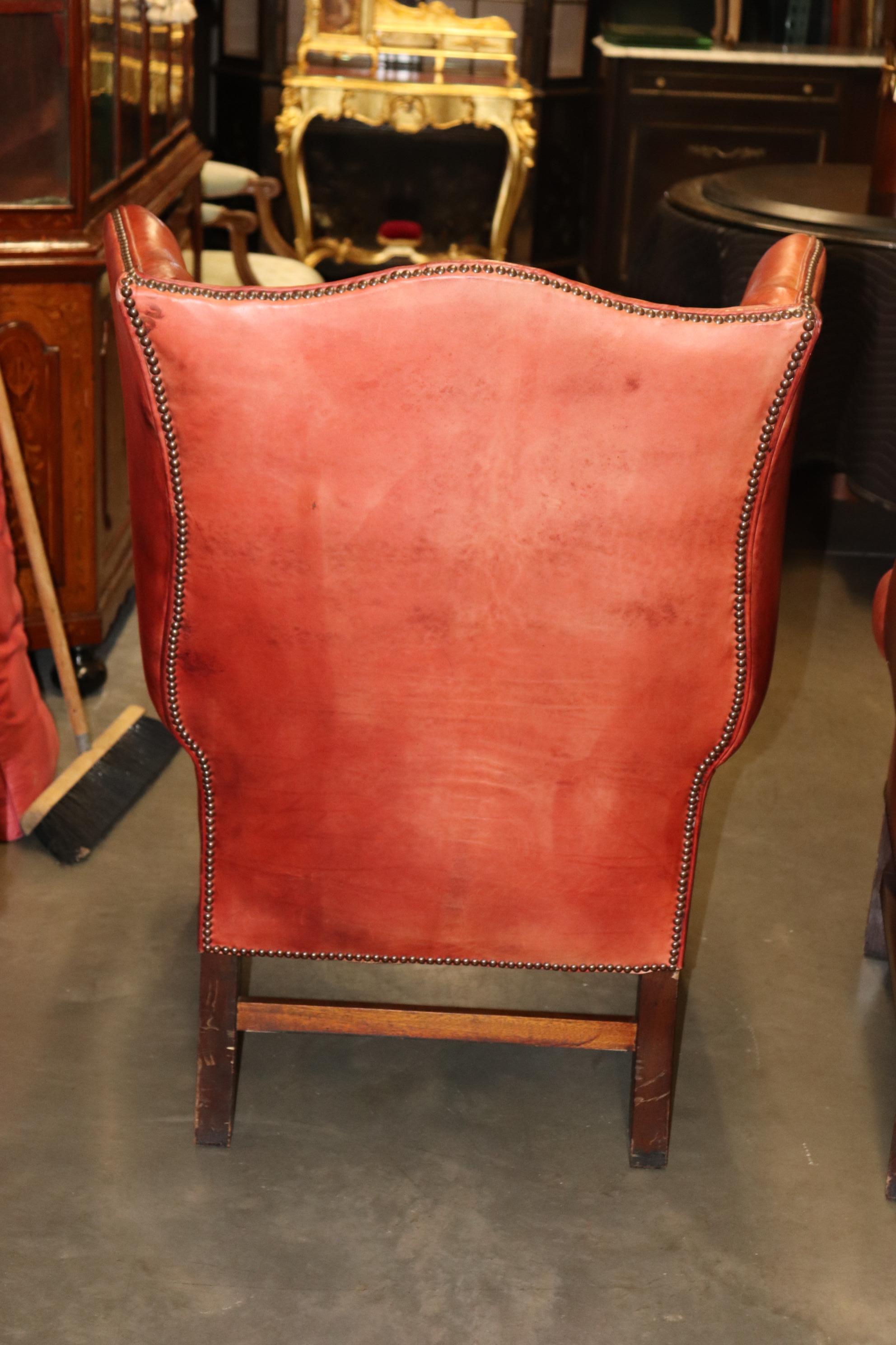 Pair Antique 1920s Era Red Leather Chertfield Tufted Georgian Wingback Chairs 11