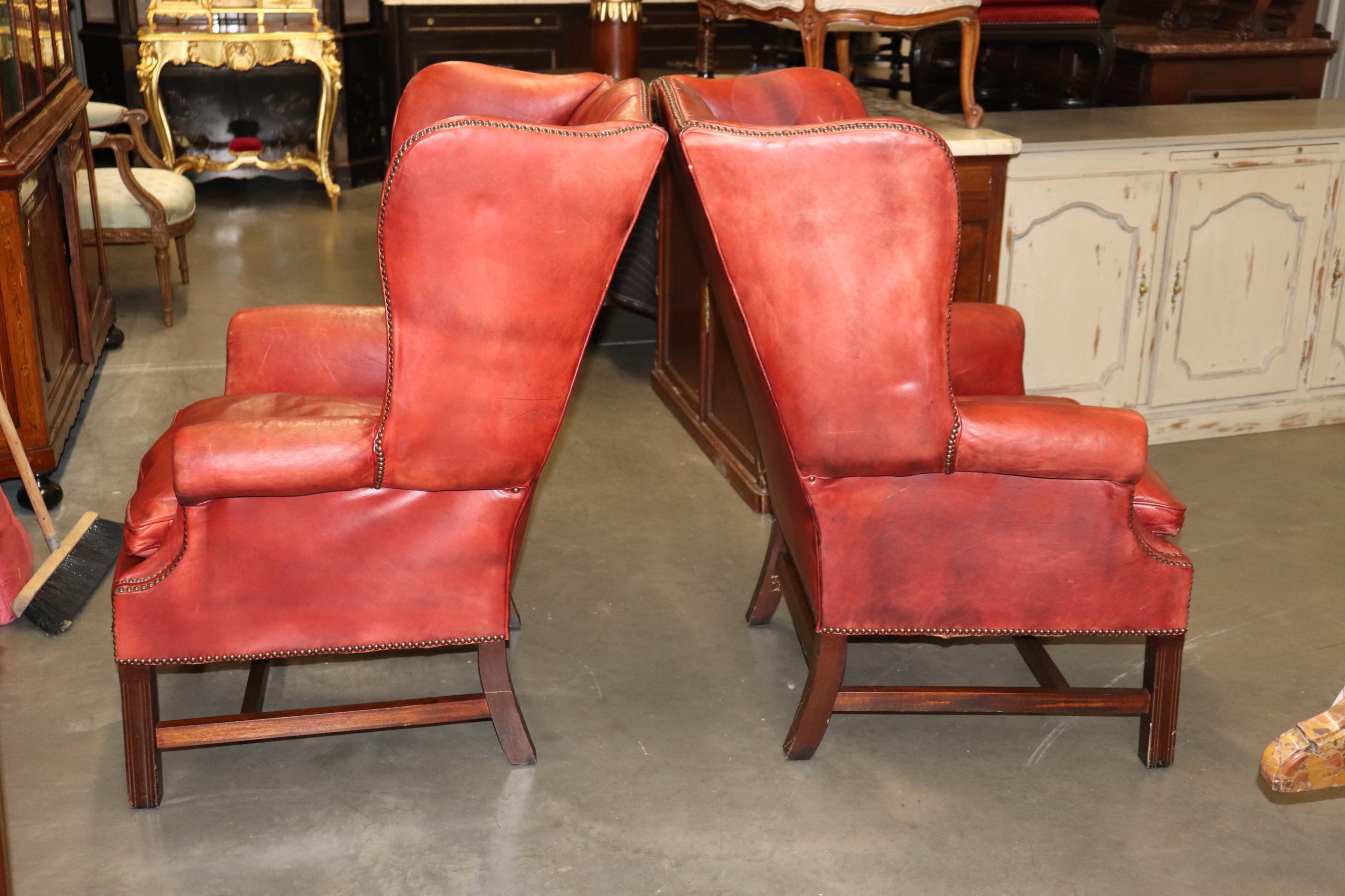 Pair Antique 1920s Era Red Leather Chertfield Tufted Georgian Wingback Chairs 12