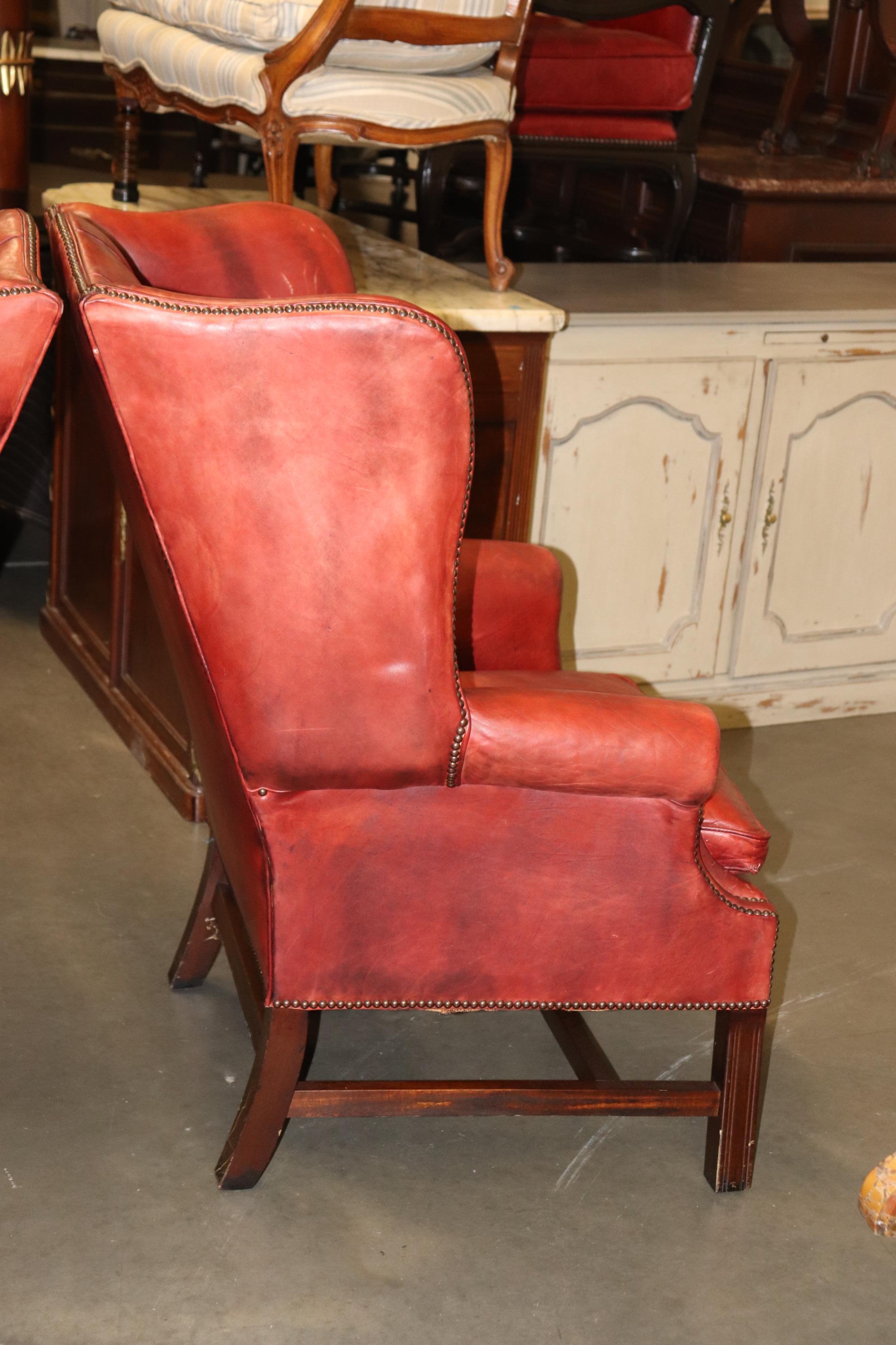 Pair Antique 1920s Era Red Leather Chertfield Tufted Georgian Wingback Chairs 13