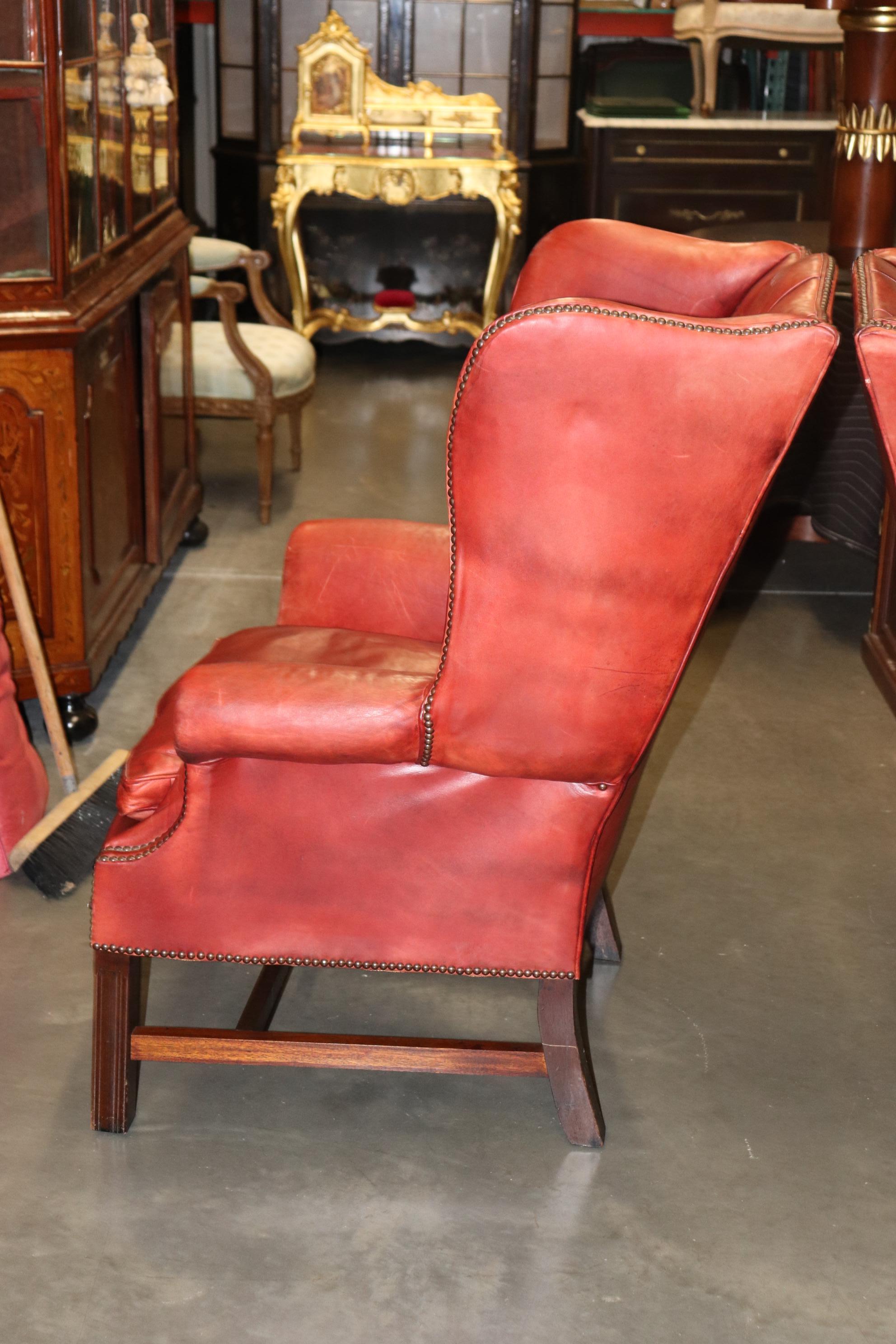 Pair Antique 1920s Era Red Leather Chertfield Tufted Georgian Wingback Chairs 14