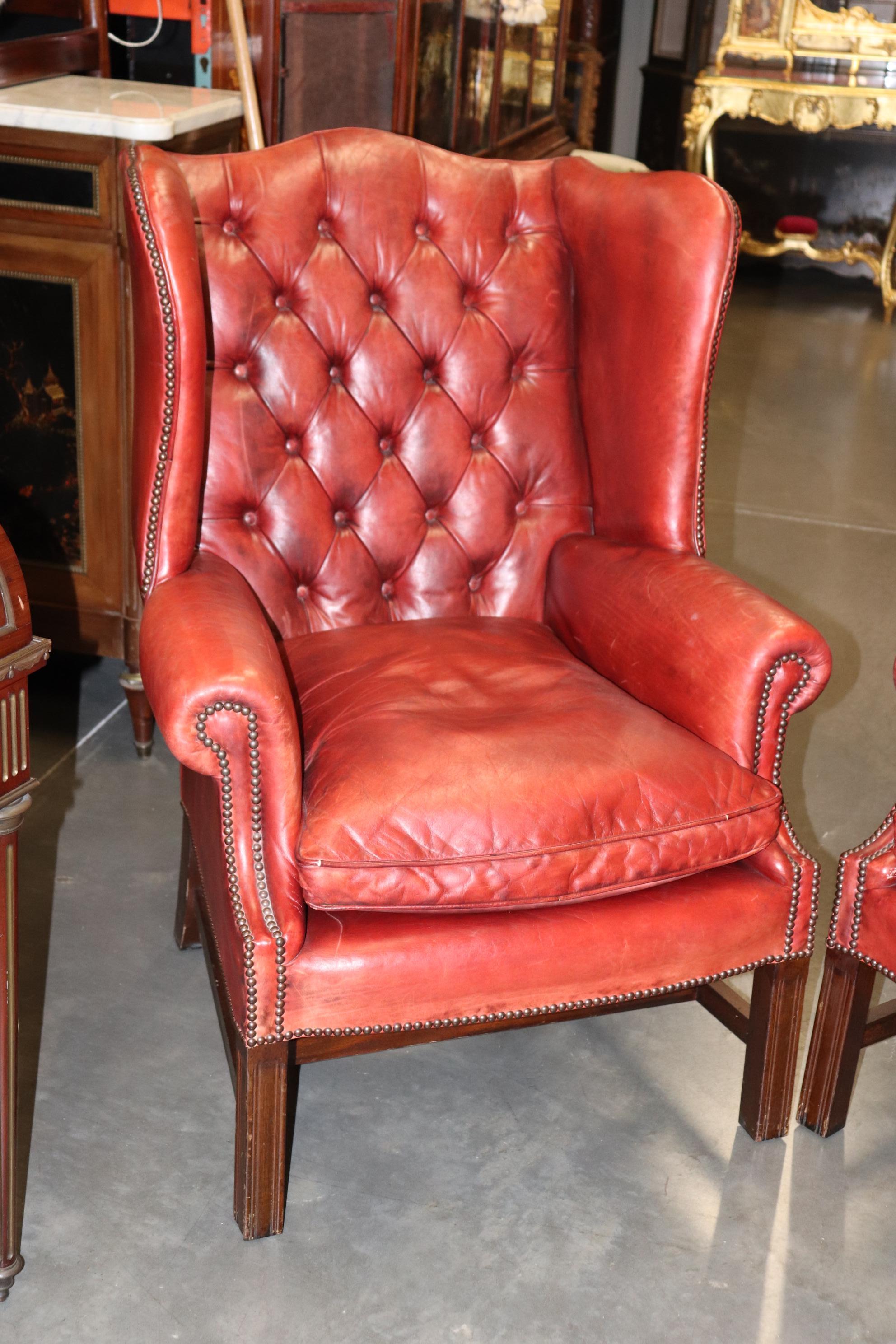 English Pair Antique 1920s Era Red Leather Chertfield Tufted Georgian Wingback Chairs