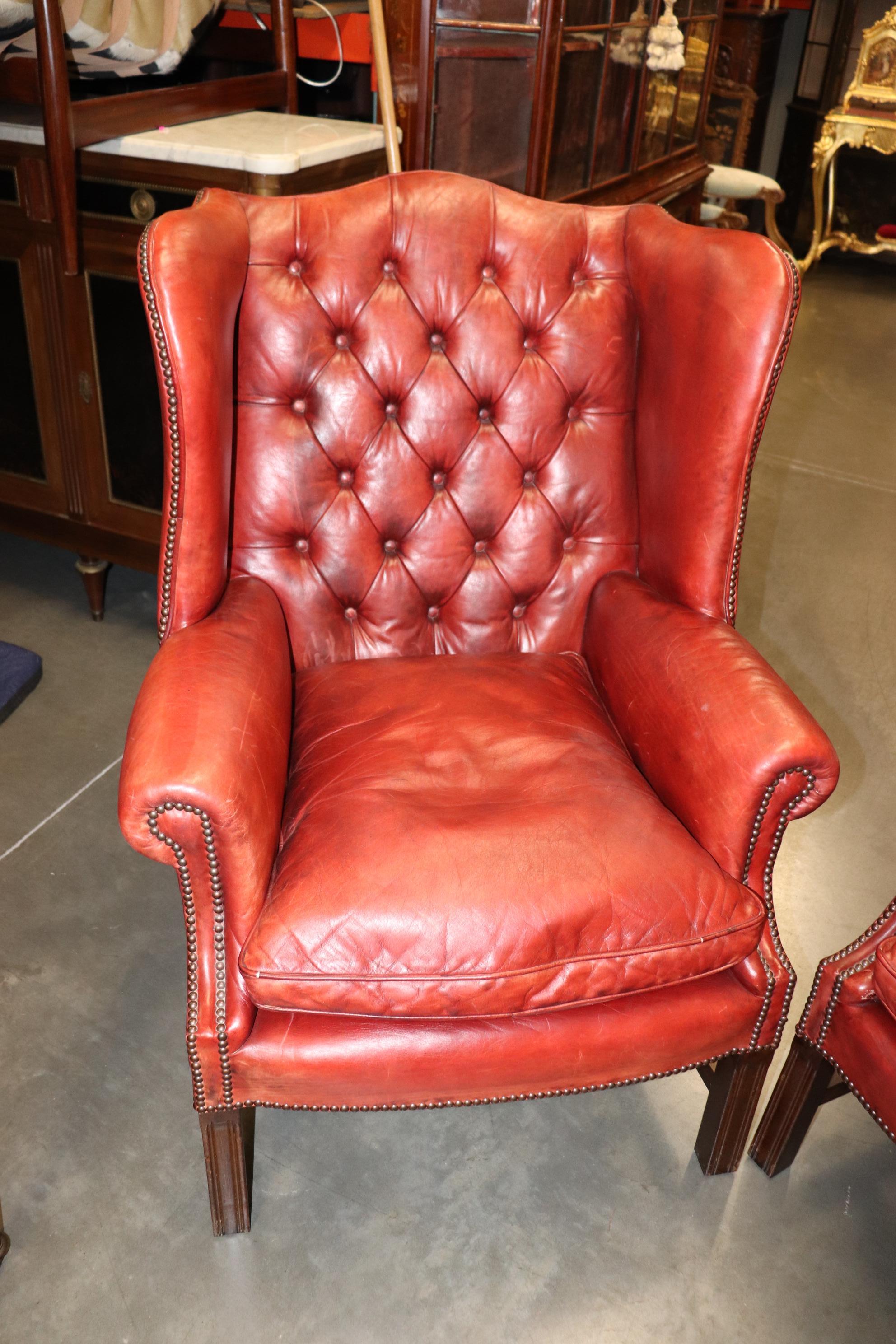 Pair Antique 1920s Era Red Leather Chertfield Tufted Georgian Wingback Chairs 1
