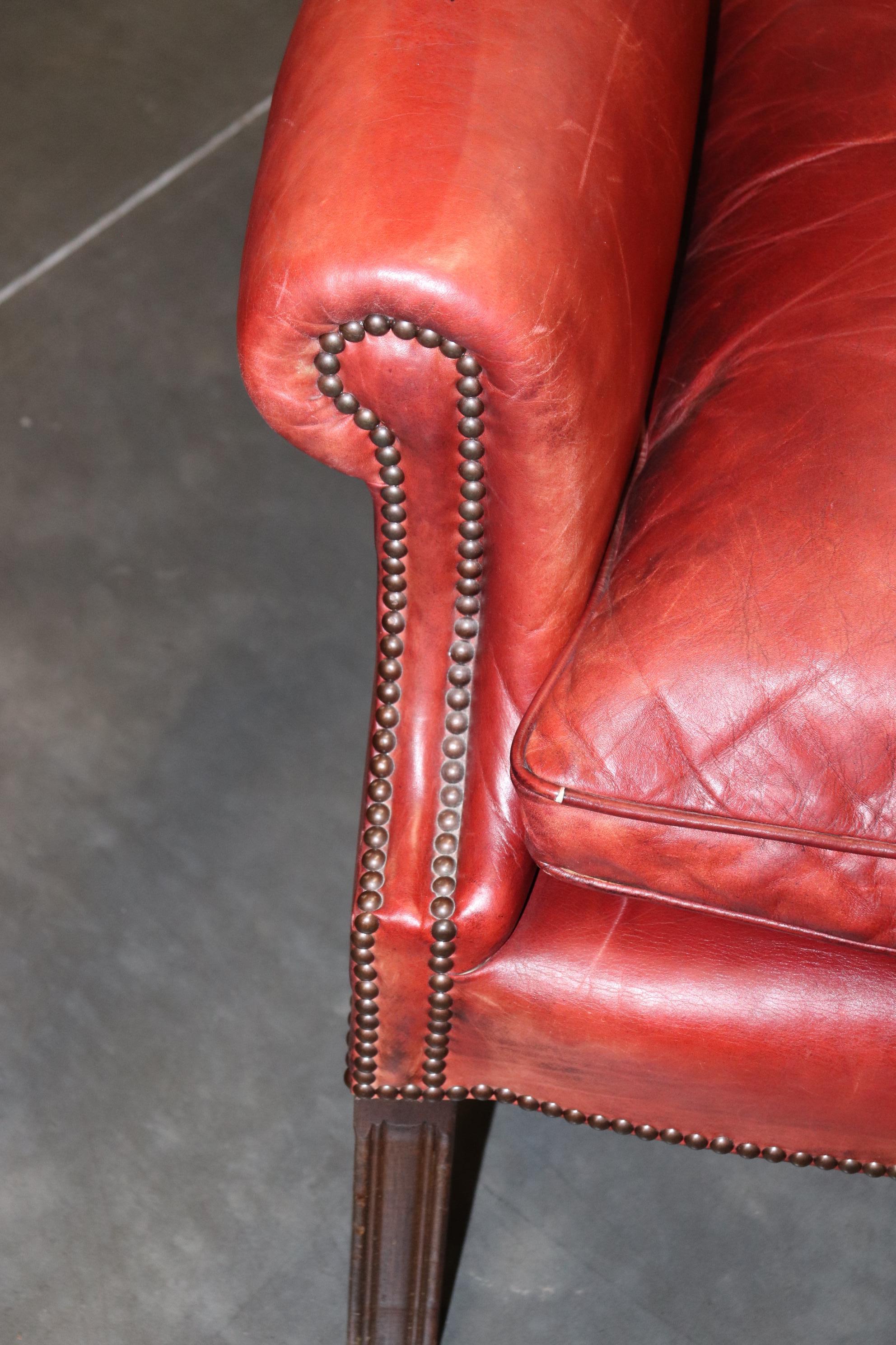 Pair Antique 1920s Era Red Leather Chertfield Tufted Georgian Wingback Chairs 2