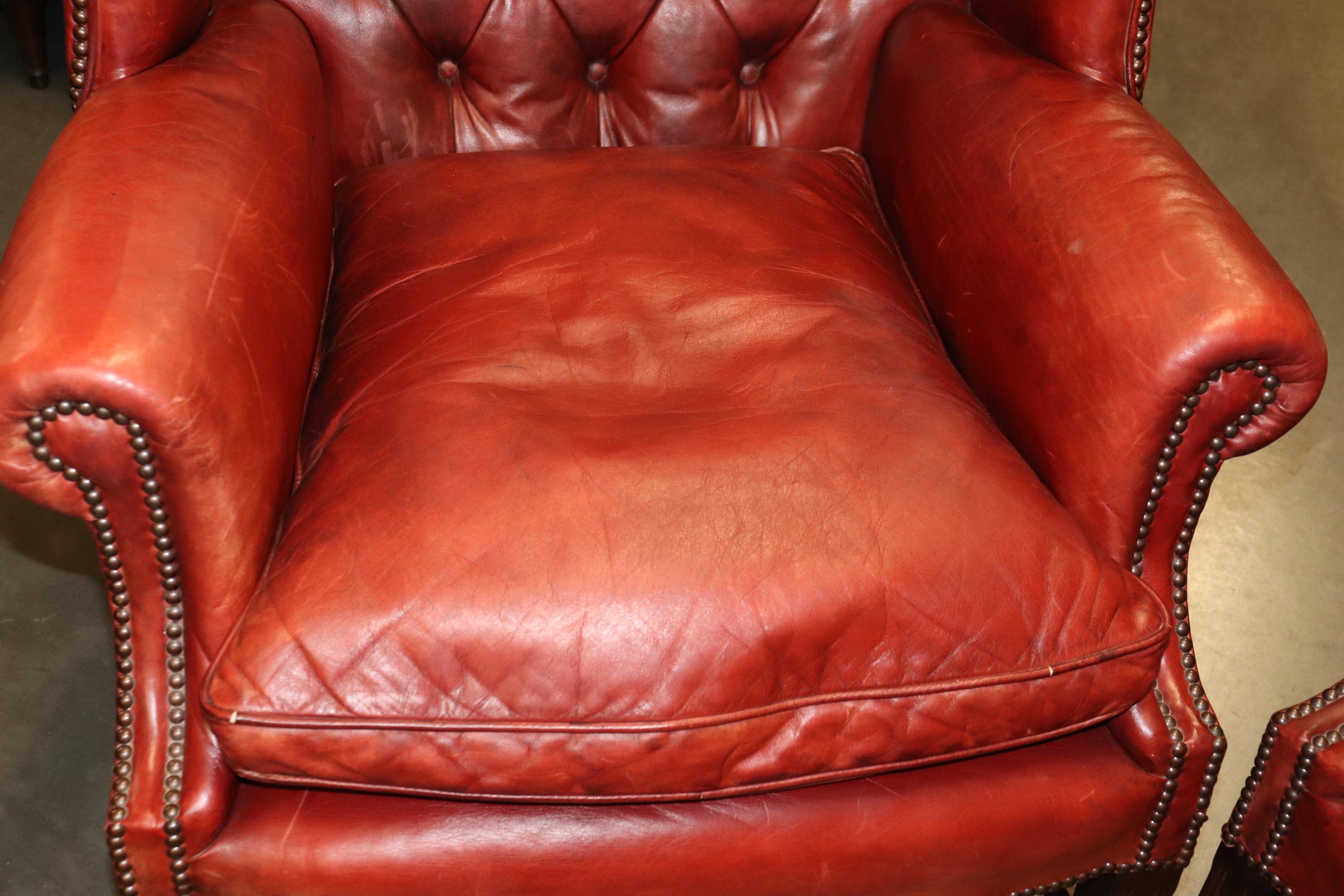 Pair Antique 1920s Era Red Leather Chertfield Tufted Georgian Wingback Chairs 3