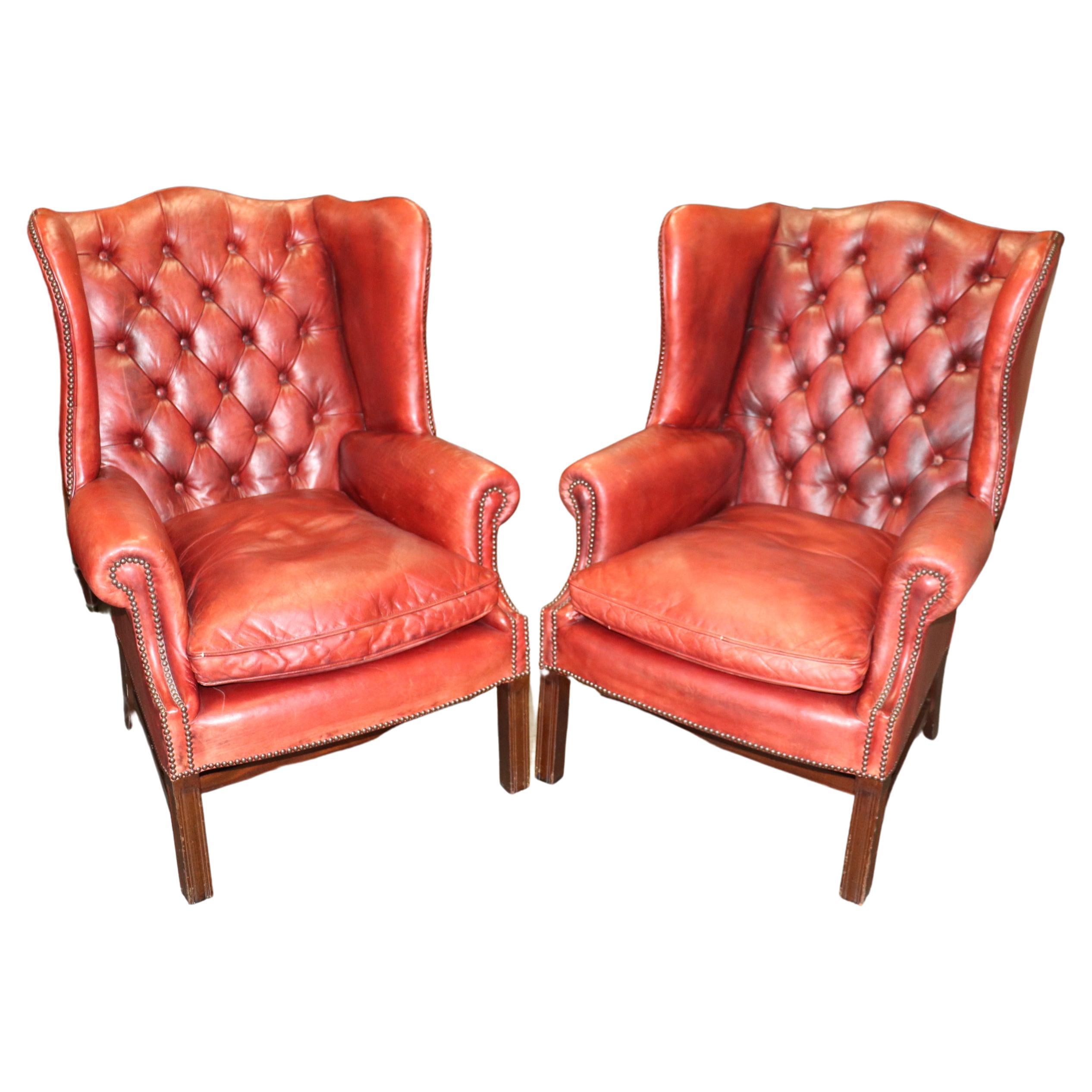 Pair Antique 1920s Era Red Leather Chertfield Tufted Georgian Wingback Chairs