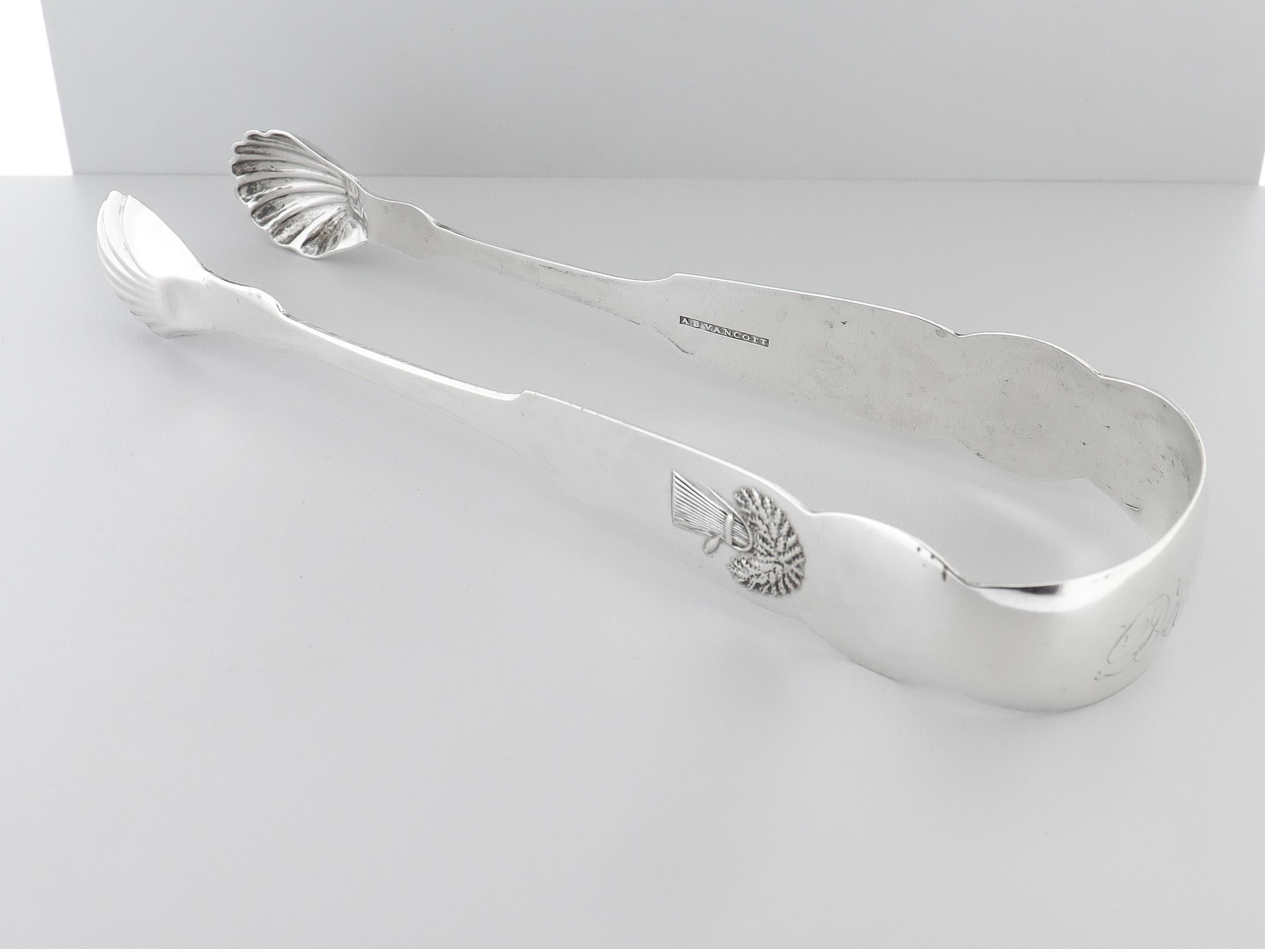 Coppia di antiche pinze da zucchero in argento con moneta americana del 19c A B Vancott NYC Sheaf of Wheat in vendita 11