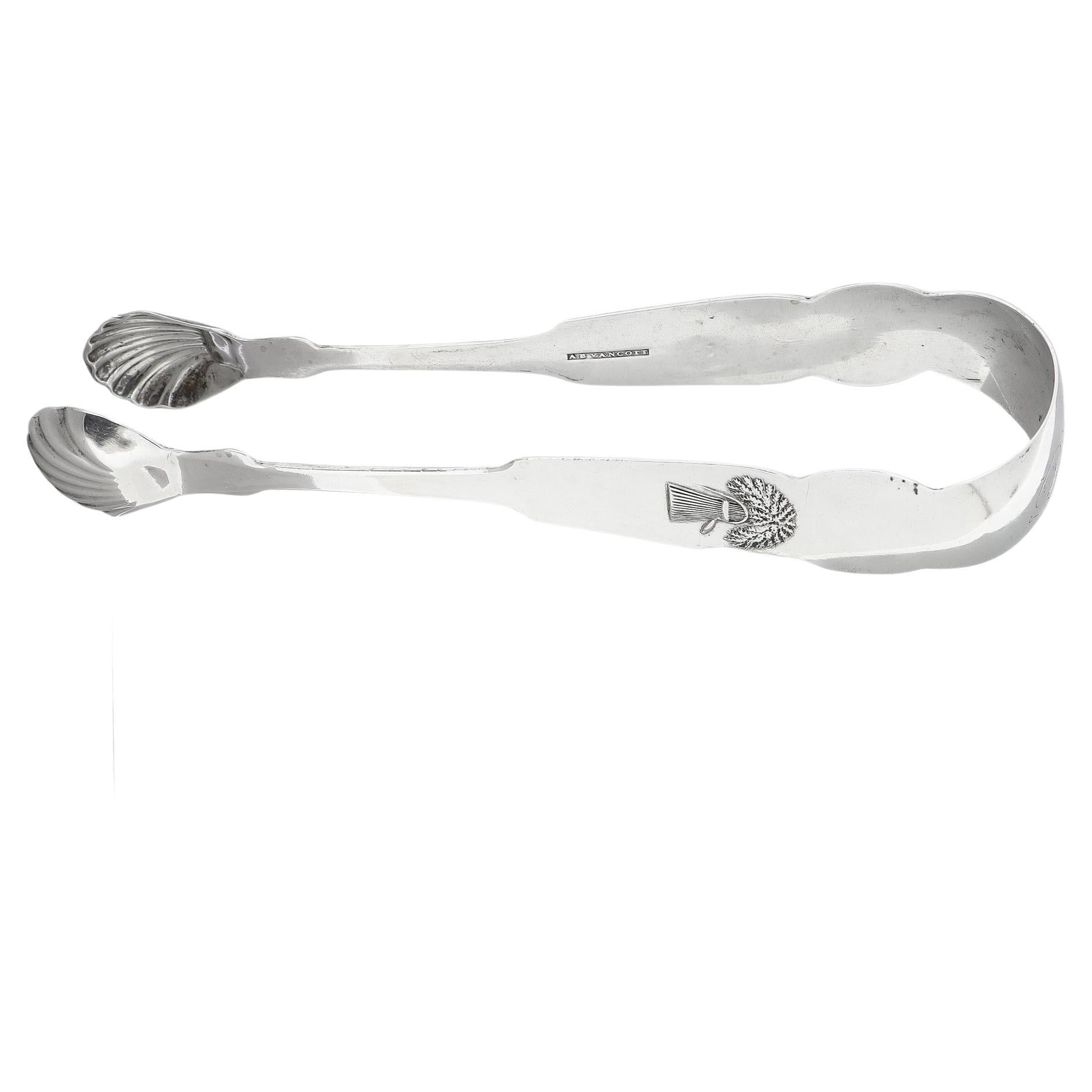 Coppia di antiche pinze da zucchero in argento con moneta americana del 19c A B Vancott NYC Sheaf of Wheat